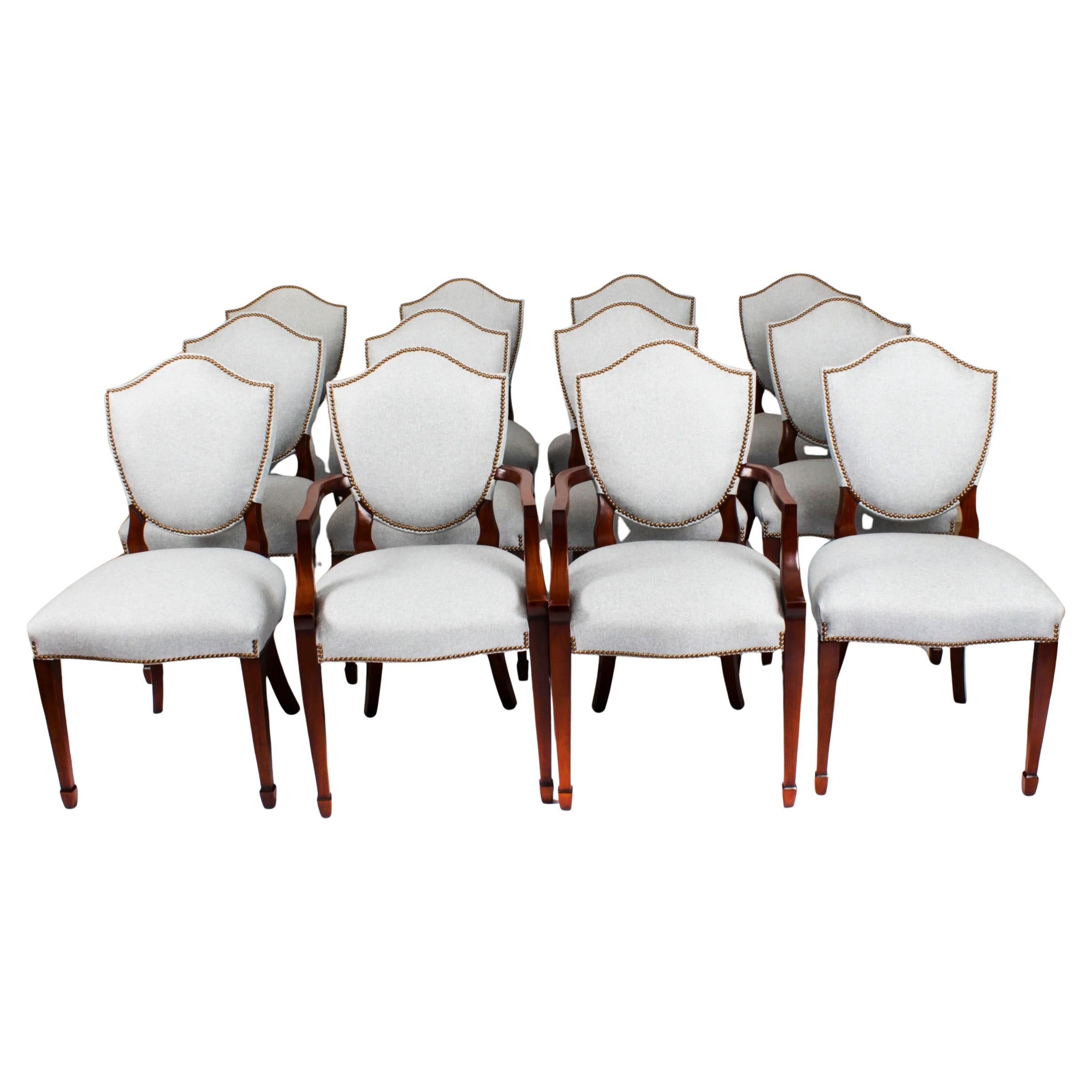 Vintage Set 12 Hepplewhite Revival Shield Back Dining Chairs 20th Century For Sale