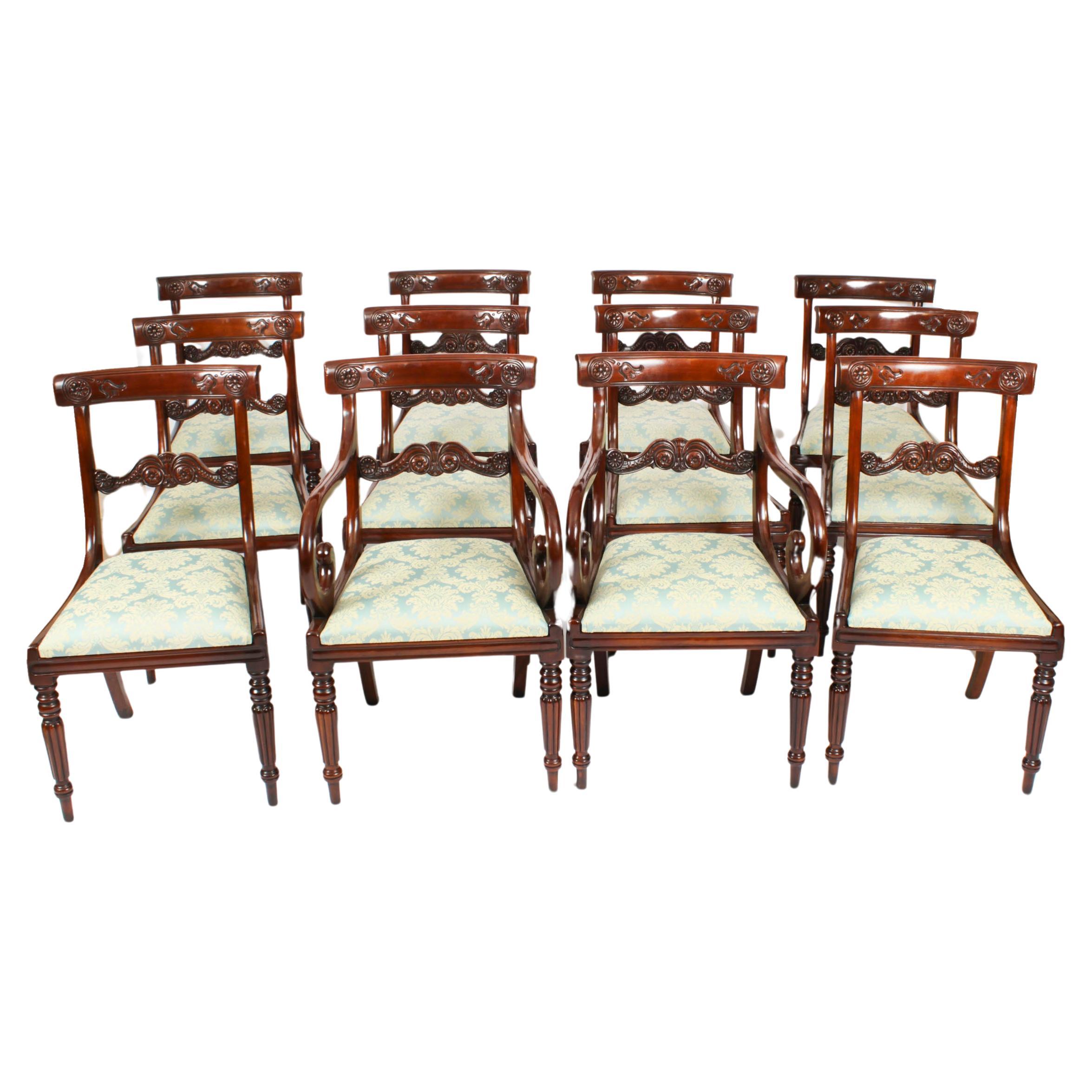 Vintage Set 12 Mahogany Regency Revival Bar Back Dining Chairs 20th Century For Sale