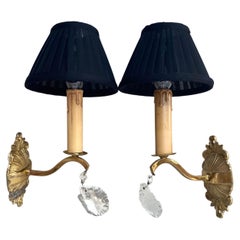 Vintage Set 2 Gilt Brass Sconces with Fabric Shades, France Pair 2 Wall Lamps