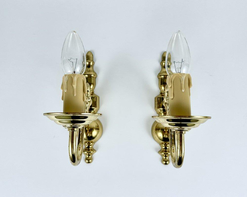 Vintage Set 2 Gilt Brass Sconces With Faux Candles, Massive Lighting, Belgium For Sale 1