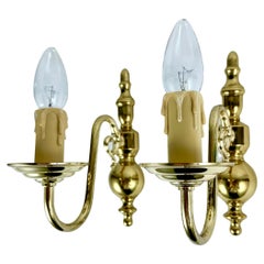 Vintage Set 2 Gilt Brass Sconces With Faux Candles, Massive Lighting, Belgium