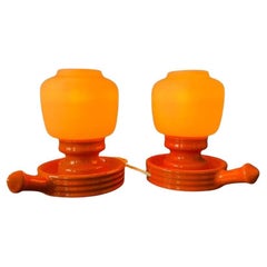 Vintage Set (2) of Orange Ceramic Opaline Glass Table Lamps, 1970s