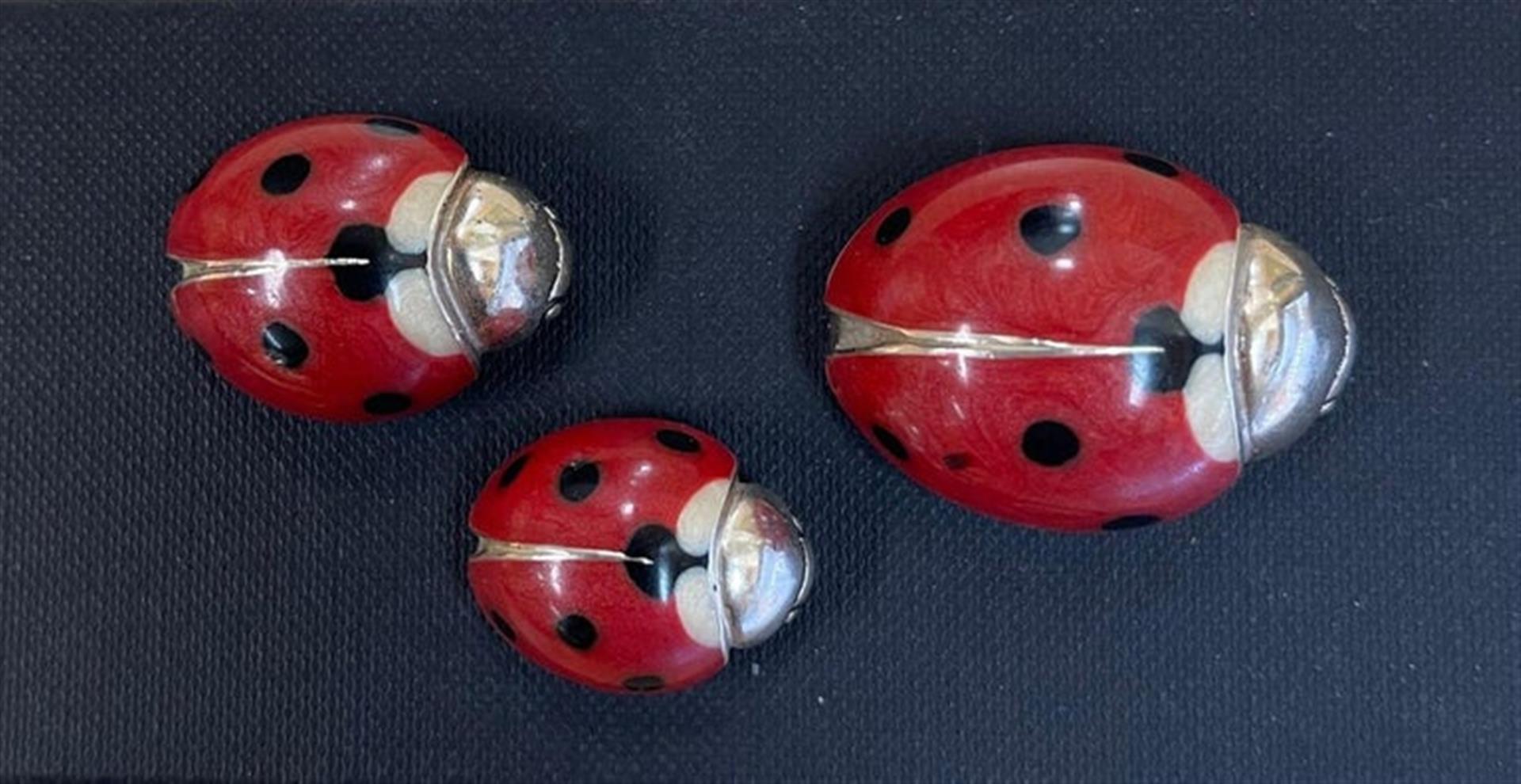 Simply Delightful! Vintage Set of 3 Mid Century Modern Red and Black Enamel Sterling Silver Ladybugs. Beautifully Hand crafted in solid Sterling Silver, enameled in Red and Black. Raised design on the Sterling Silver beneath. Approx. Measurements