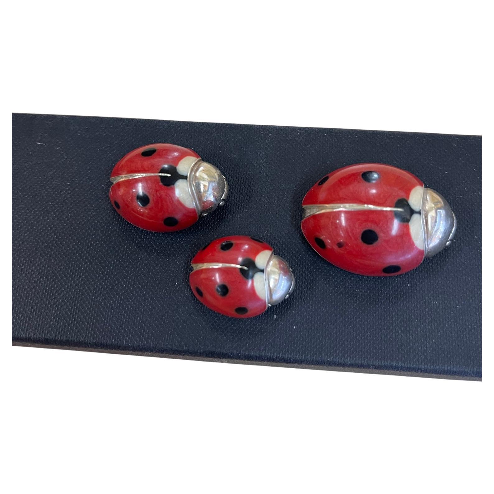 Hand-Crafted Vintage Set 3 Mid Century Modern Red and Black Enamel Sterling Silver Ladybugs For Sale