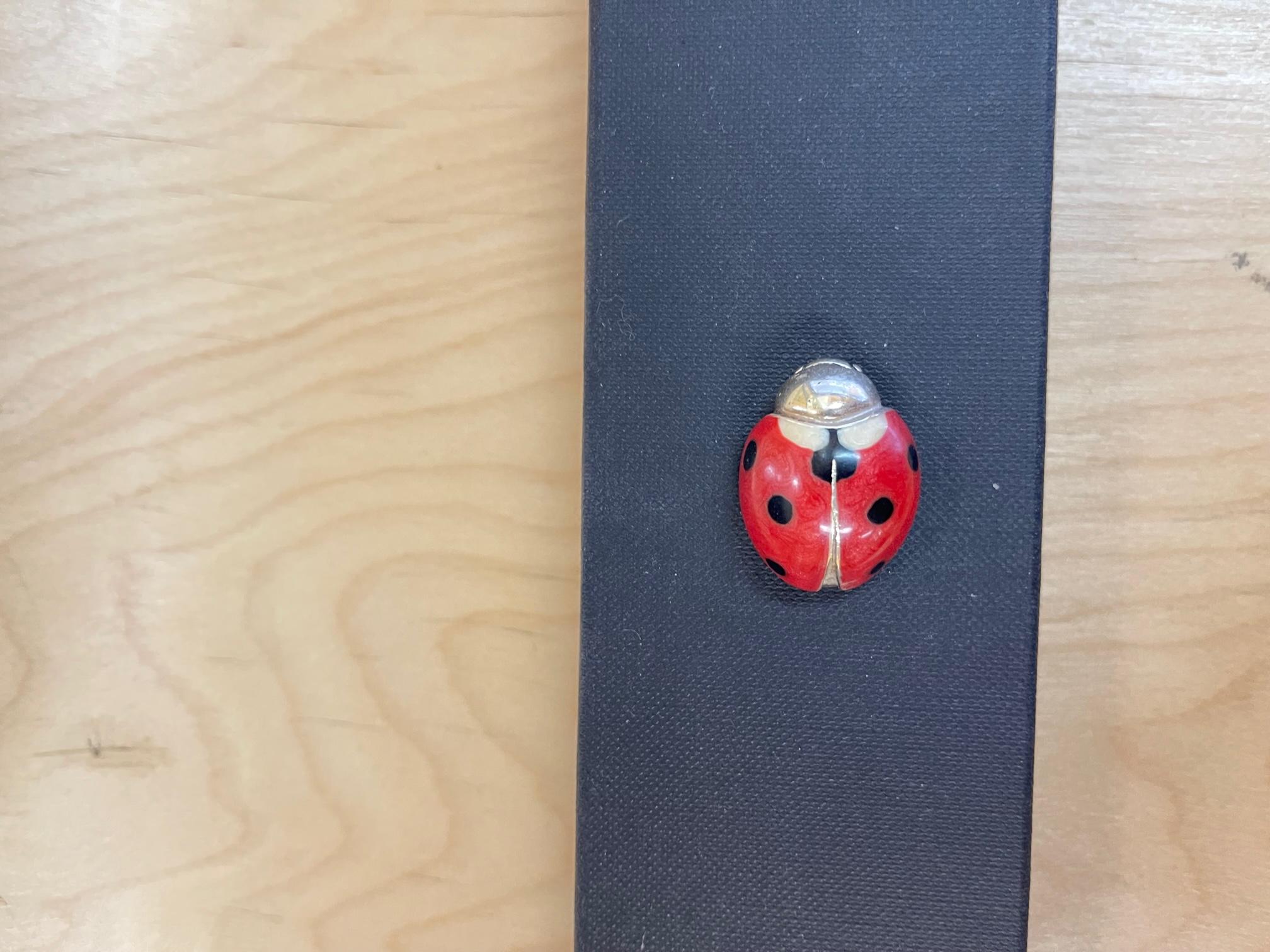 20th Century Vintage Set 3 Mid Century Modern Red and Black Enamel Sterling Silver Ladybugs For Sale