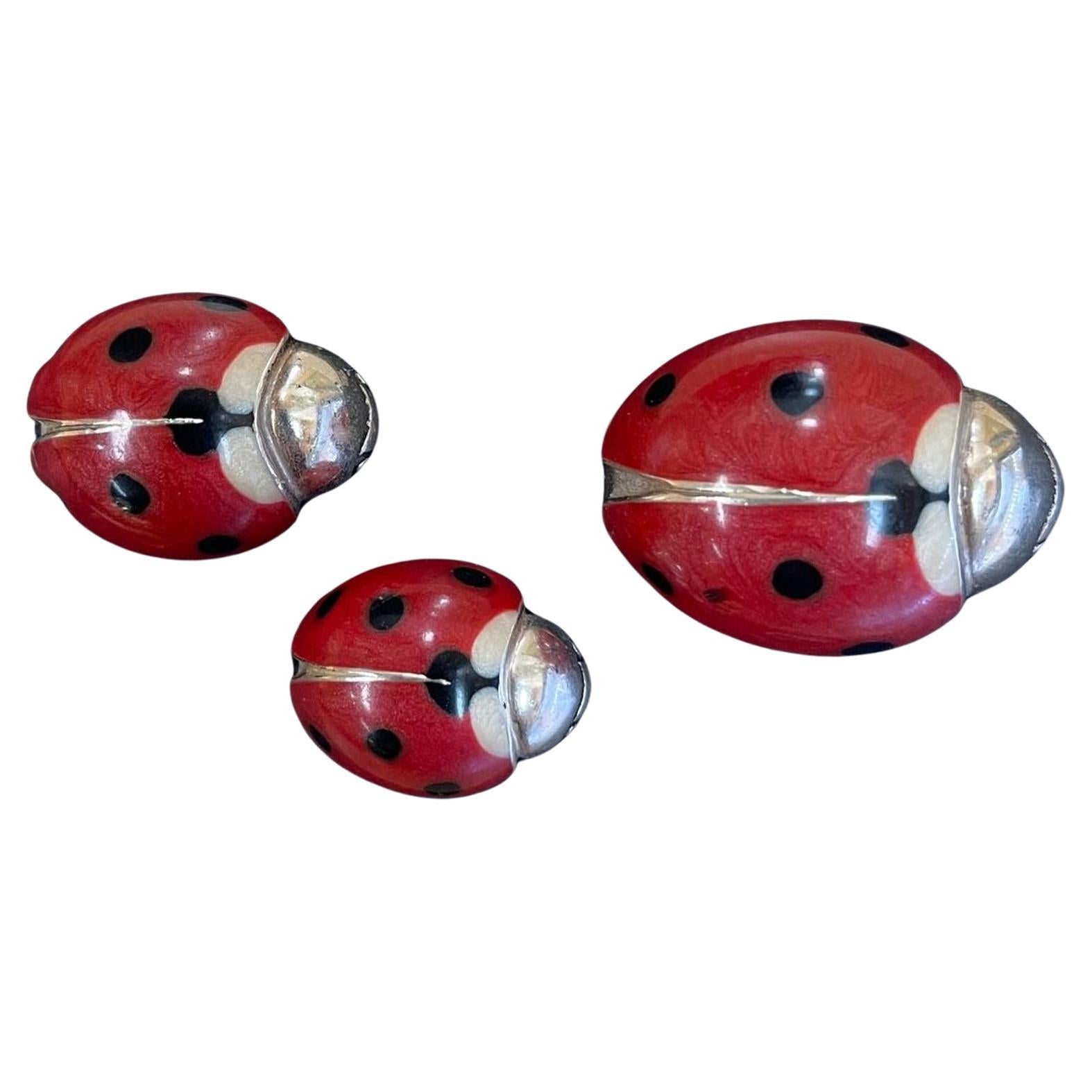 Vintage Set 3 Mid Century Modern Red and Black Enamel Sterling Silver Ladybugs For Sale
