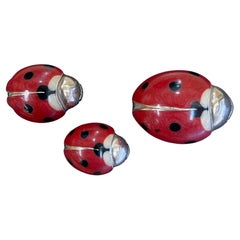 Vintage Set 3 Mid Century Modern Red and Black Enamel Sterling Silver Ladybugs (coccinelles en argent)