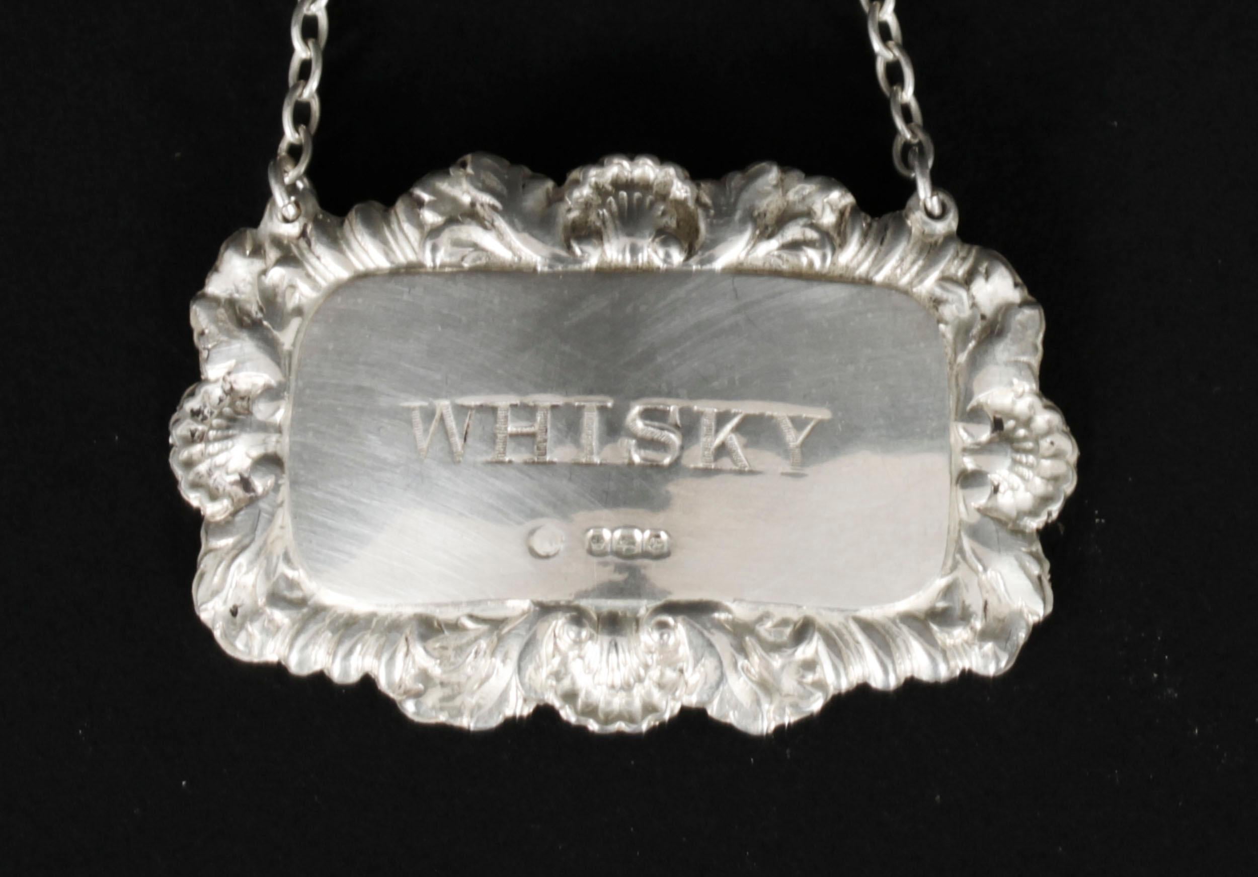 Vintage Set 3 Sterling Silver Drink Labels Whisky, Brandy Sherry Dated 1981 For Sale 1