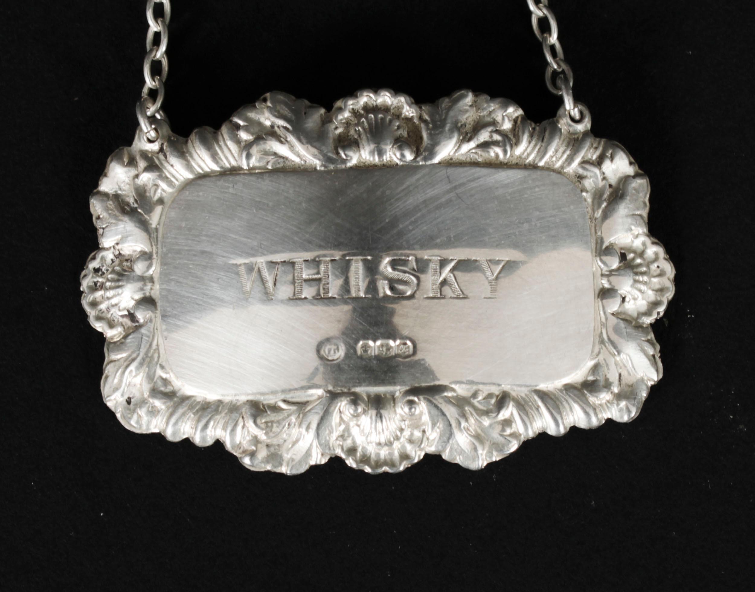 Ensemble vintage de 3 étiquettes de boissons en argent sterling Whisky, Brandy Sherry datée de 1981 en vente 2