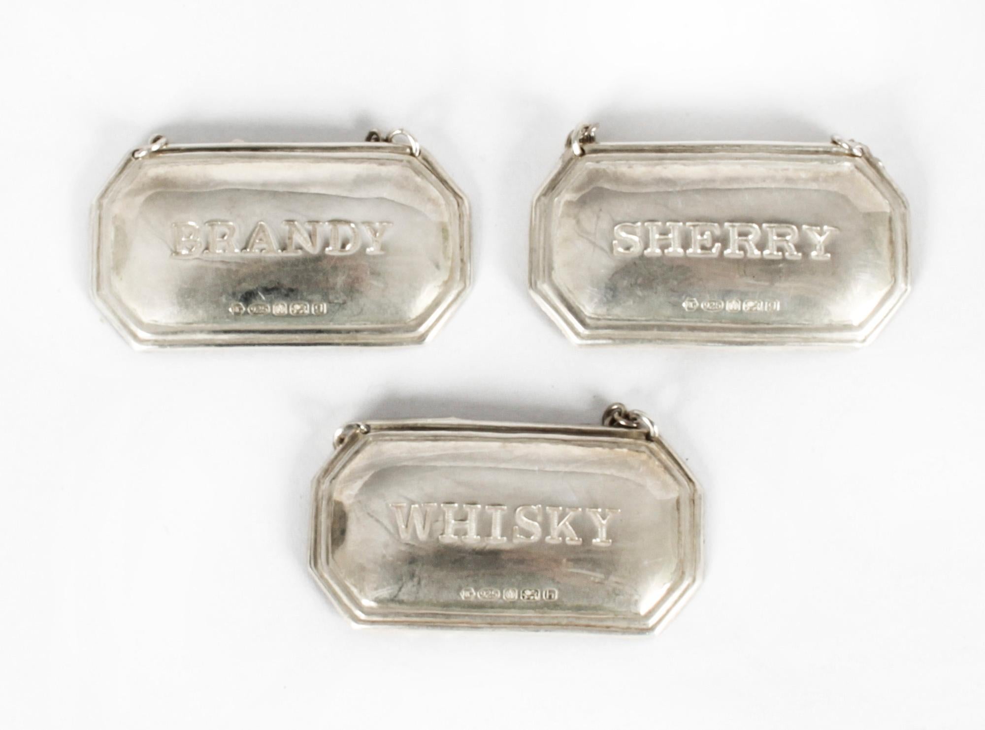 Vintage Set 3 Sterling Silver Drink Labels Whisky, Brandy Dry Sherry Dated 2007 4