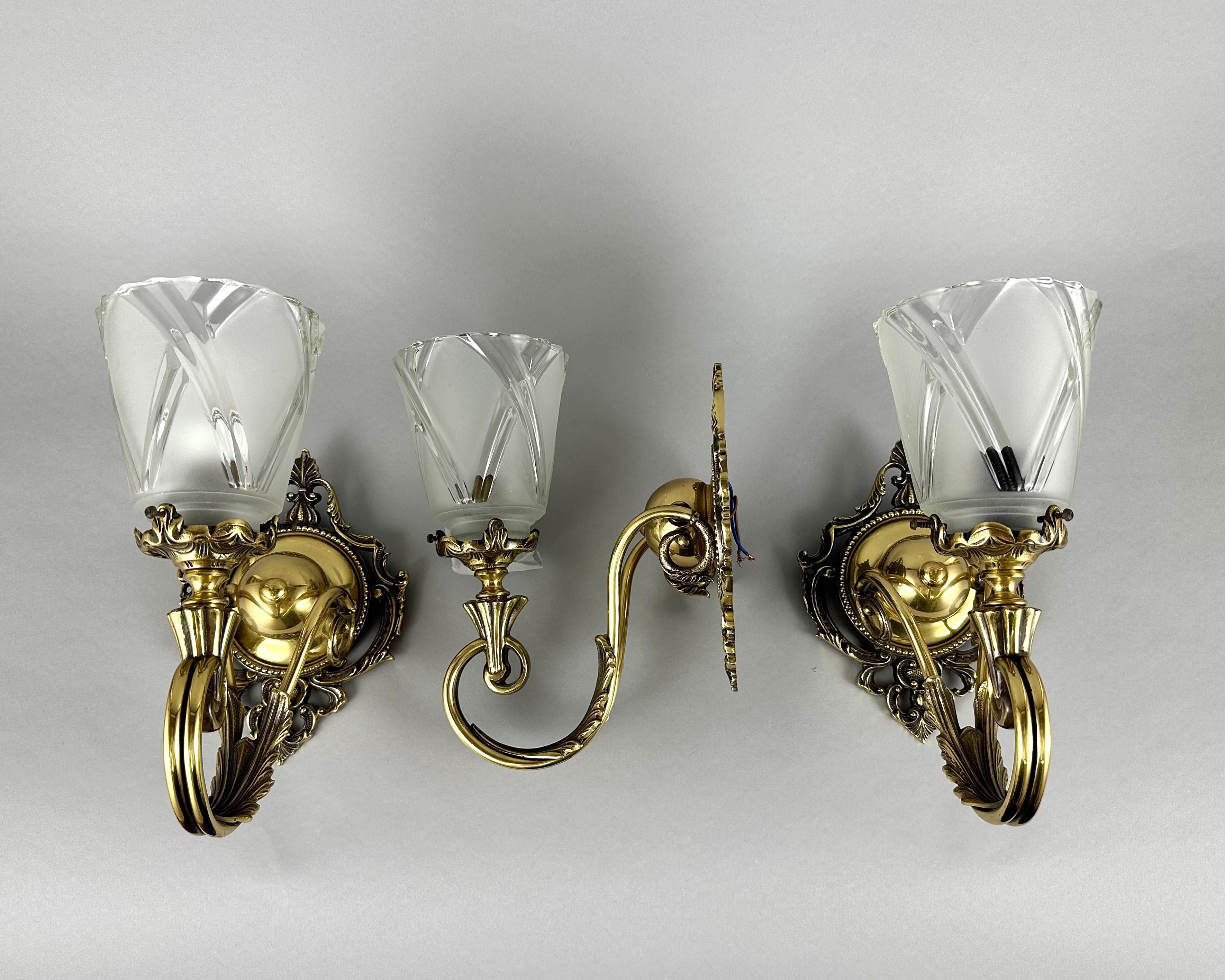 Vintage Set 3 Wall Mount Sconces In Bronze With Glass Shades, Germany For Sale 2