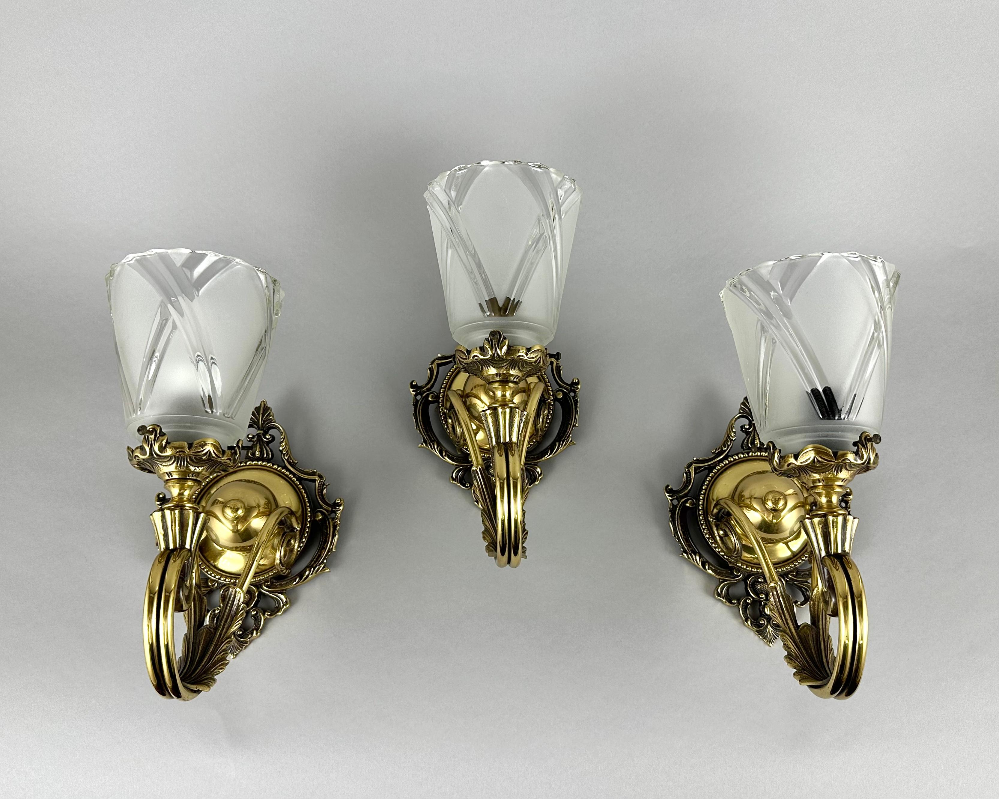 Vintage Set 3 Wall Mount Sconces In Bronze With Glass Shades, Germany For Sale 3