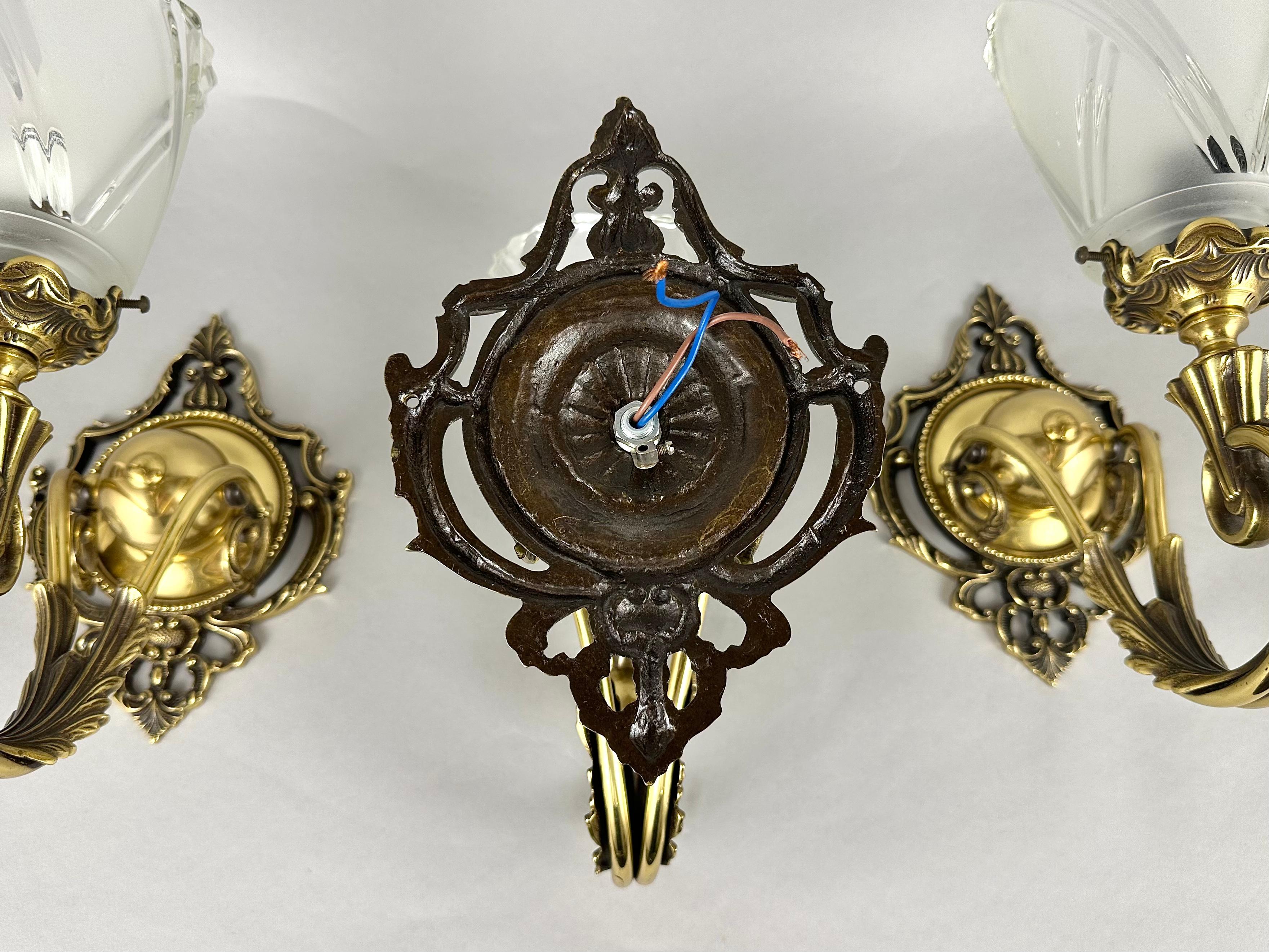Vintage Set 3 Wall Mount Sconces In Bronze With Glass Shades, Germany For Sale 5