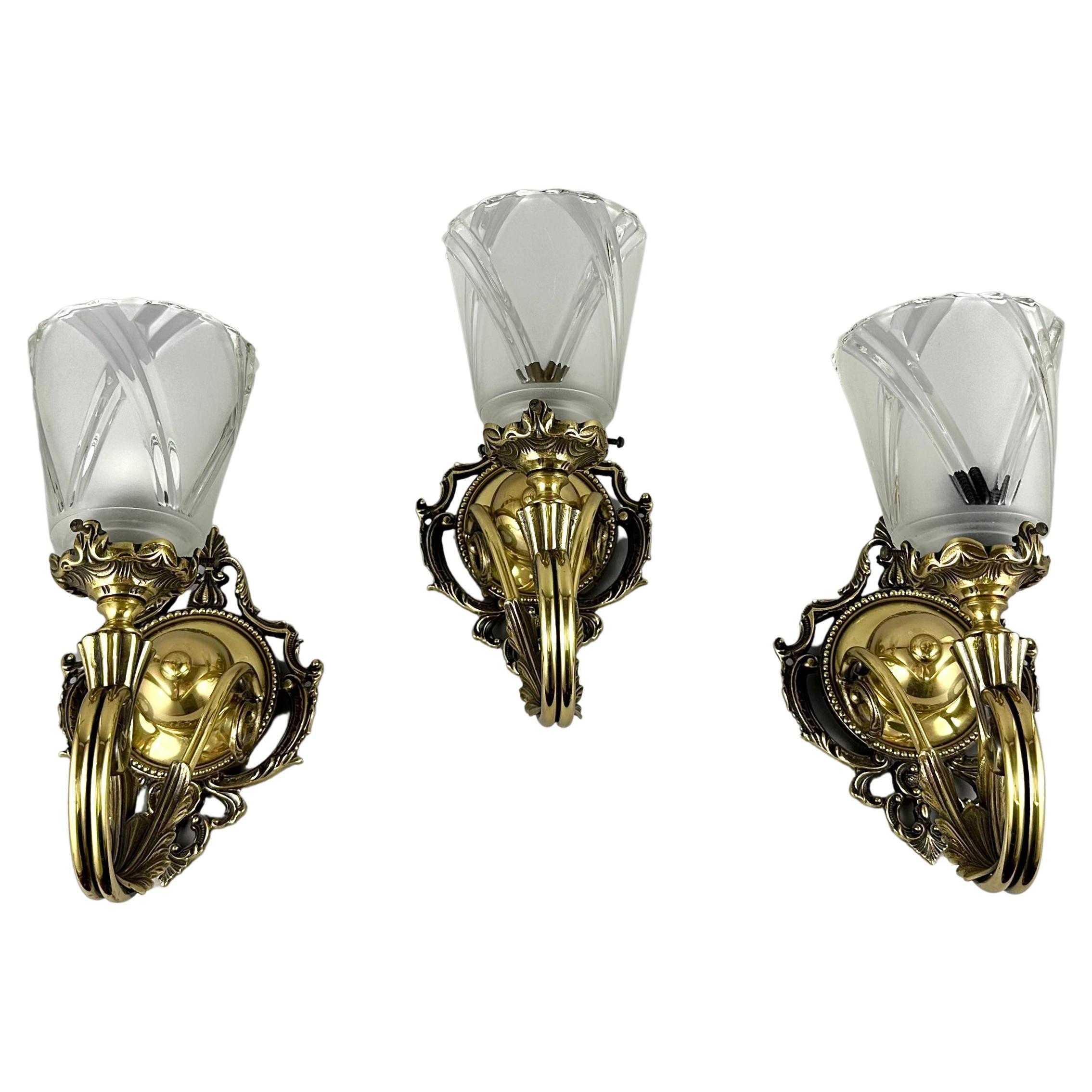 Vintage Set 3 Wall Mount Sconces In Bronze With Glass Shades, Germany For Sale