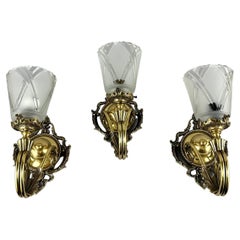 Retro Set 3 Wall Mount Sconces In Bronze With Glass Shades, Germany