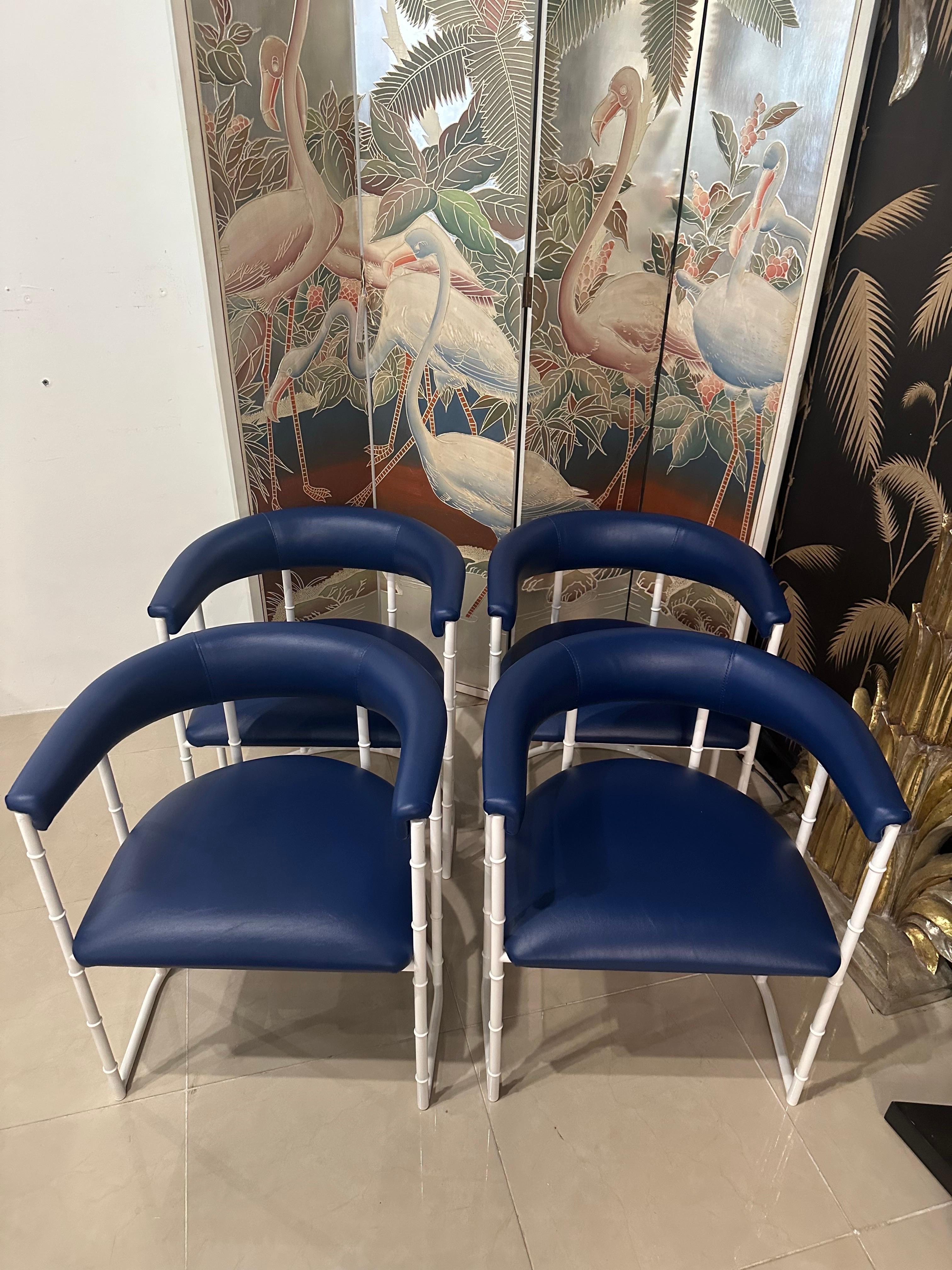 Vintage Set 4 Faux Bamboo Barrel Arm Dining Chairs Outdoor Patio Metal Restored For Sale 4