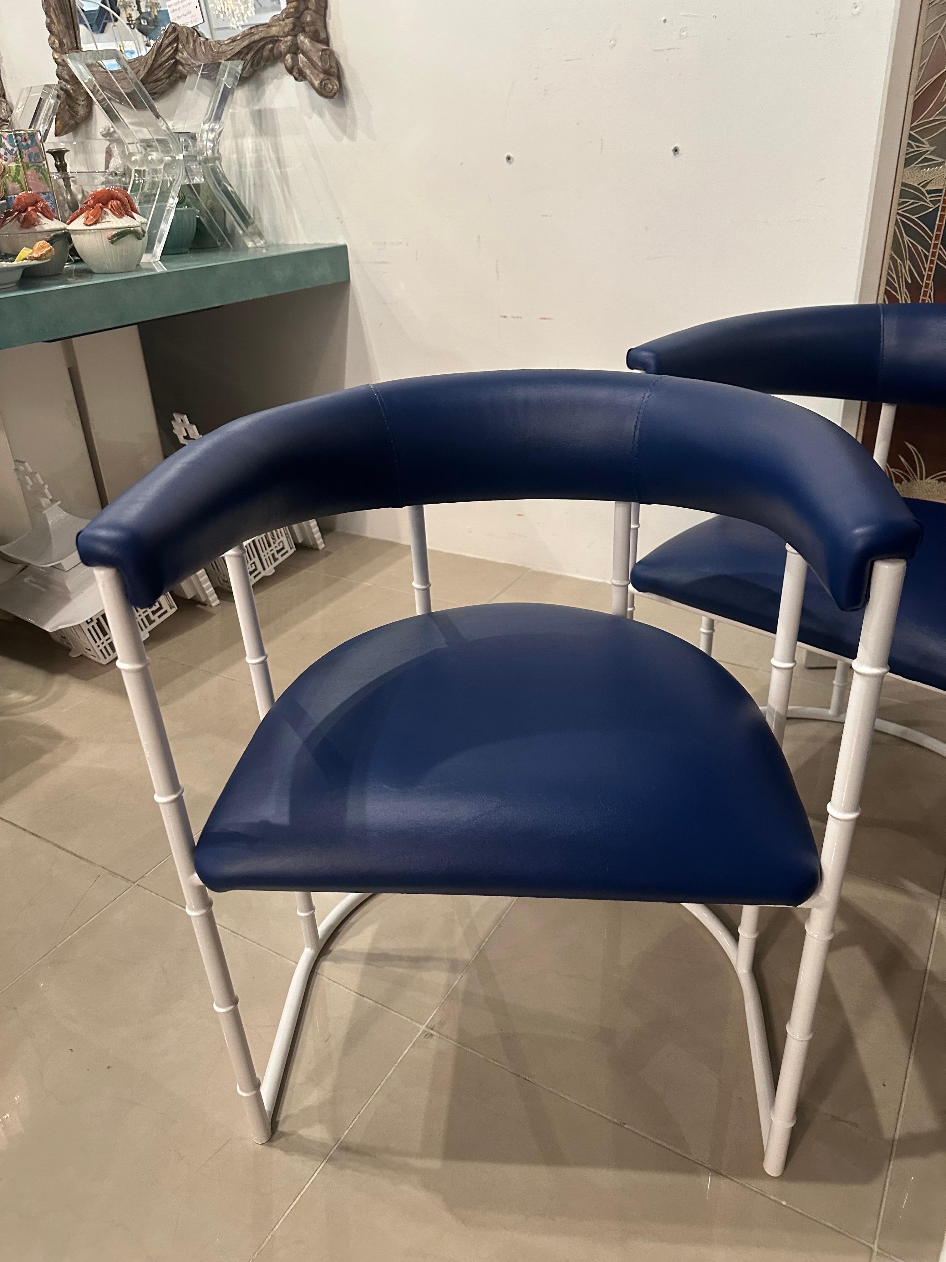 American Vintage Set 4 Faux Bamboo Barrel Arm Dining Chairs Outdoor Patio Metal Restored For Sale
