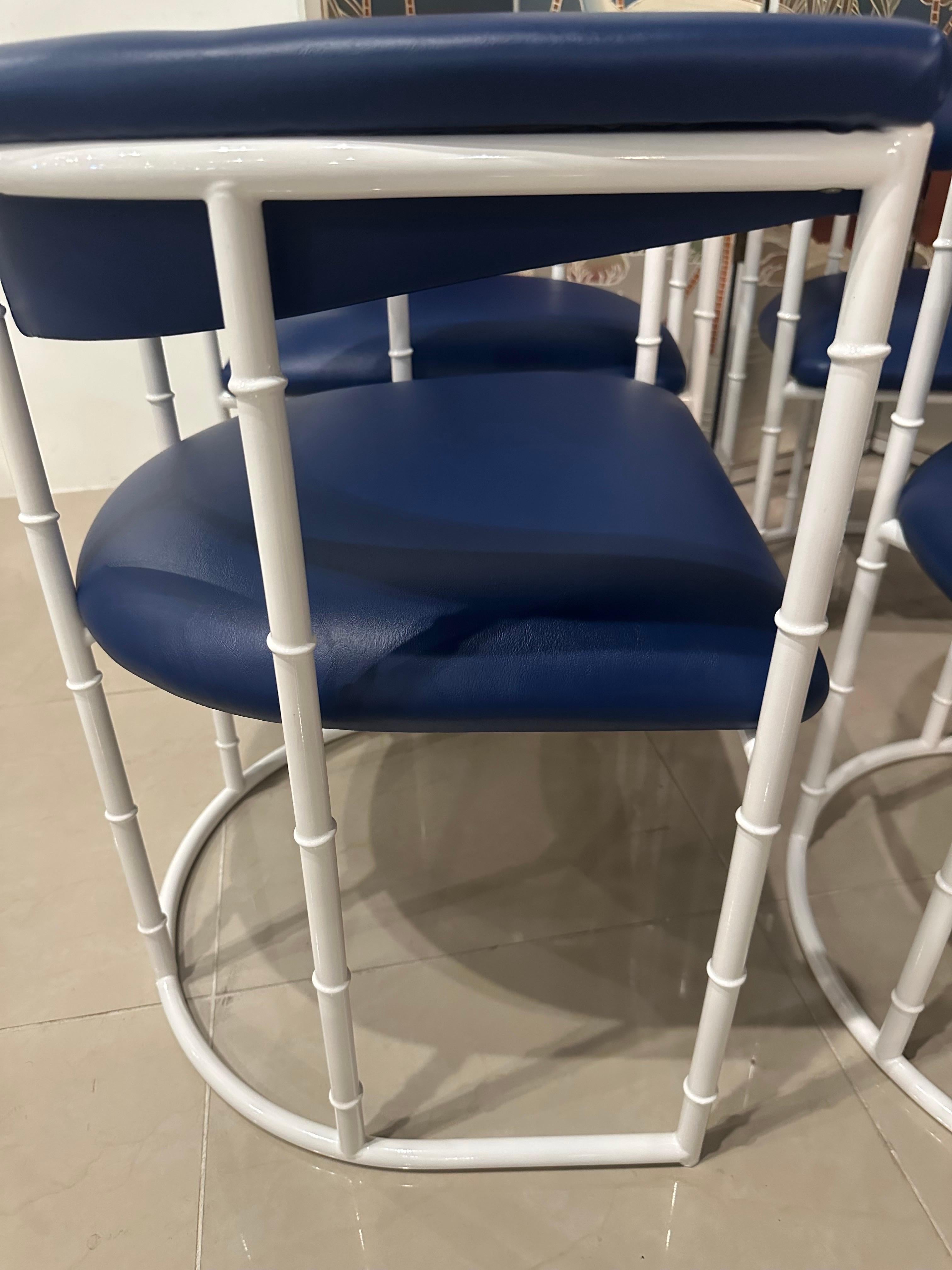 Late 20th Century Vintage Set 4 Faux Bamboo Barrel Arm Dining Chairs Outdoor Patio Metal Restored For Sale