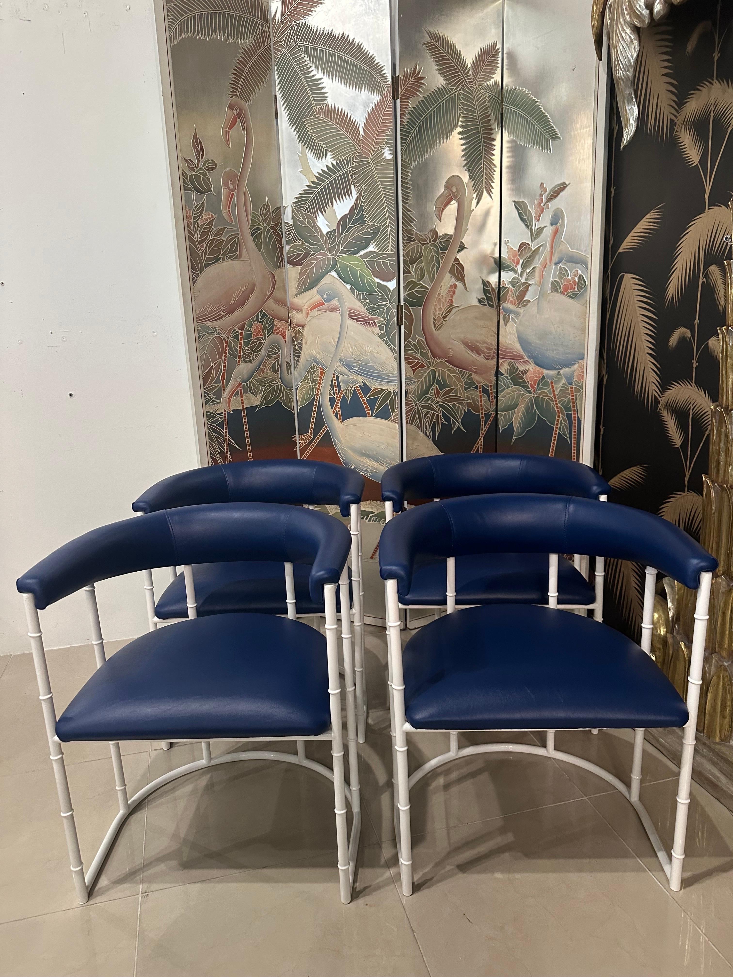 Vintage Set 4 Faux Bamboo Barrel Arm Dining Chairs Outdoor Patio Metal Restored For Sale 1