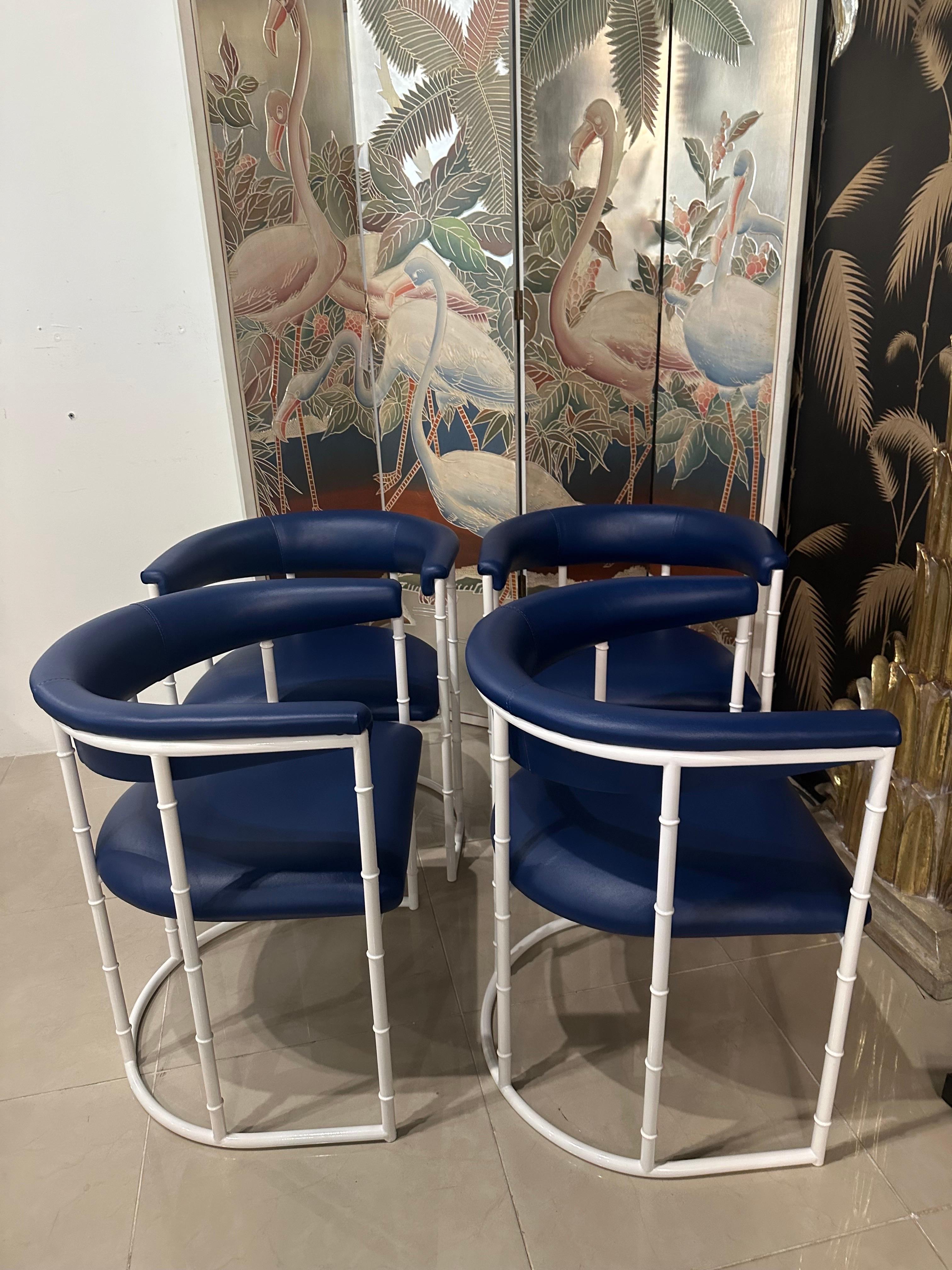 Vintage Set 4 Faux Bamboo Barrel Arm Dining Chairs Outdoor Patio Metal Restored For Sale 3
