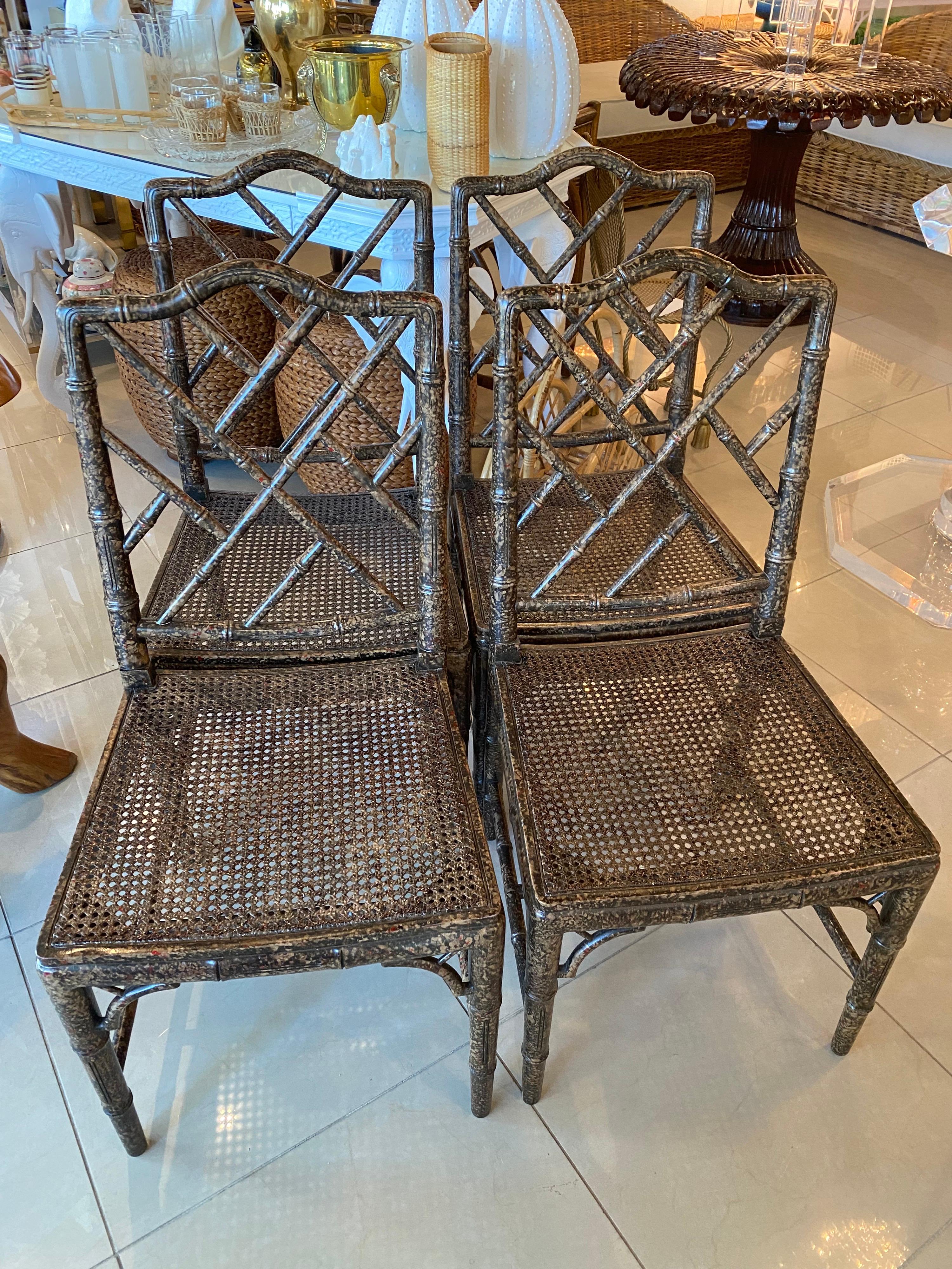 Vintage Set 4 Faux Bamboo Chinese Chippendale Tortoise Shell Side Dining Chairs 6