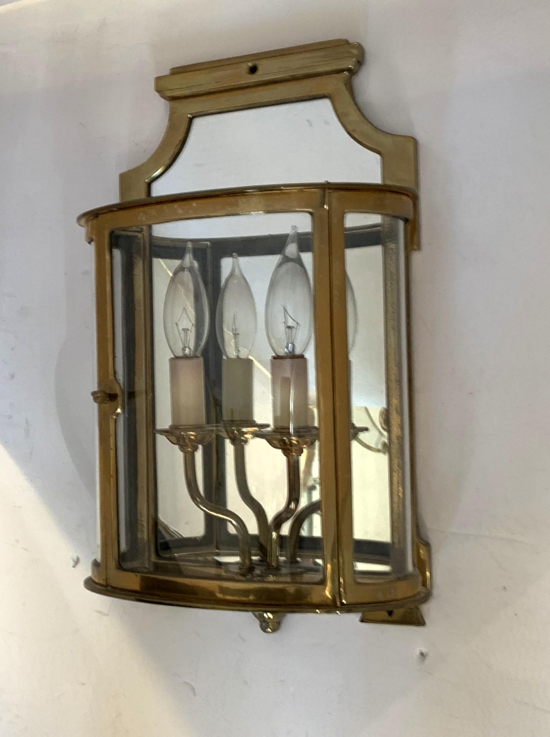 George I Vintage Pair Bronze Wall Lantern Sconces Curved Glass Mirrored Back Vaughan