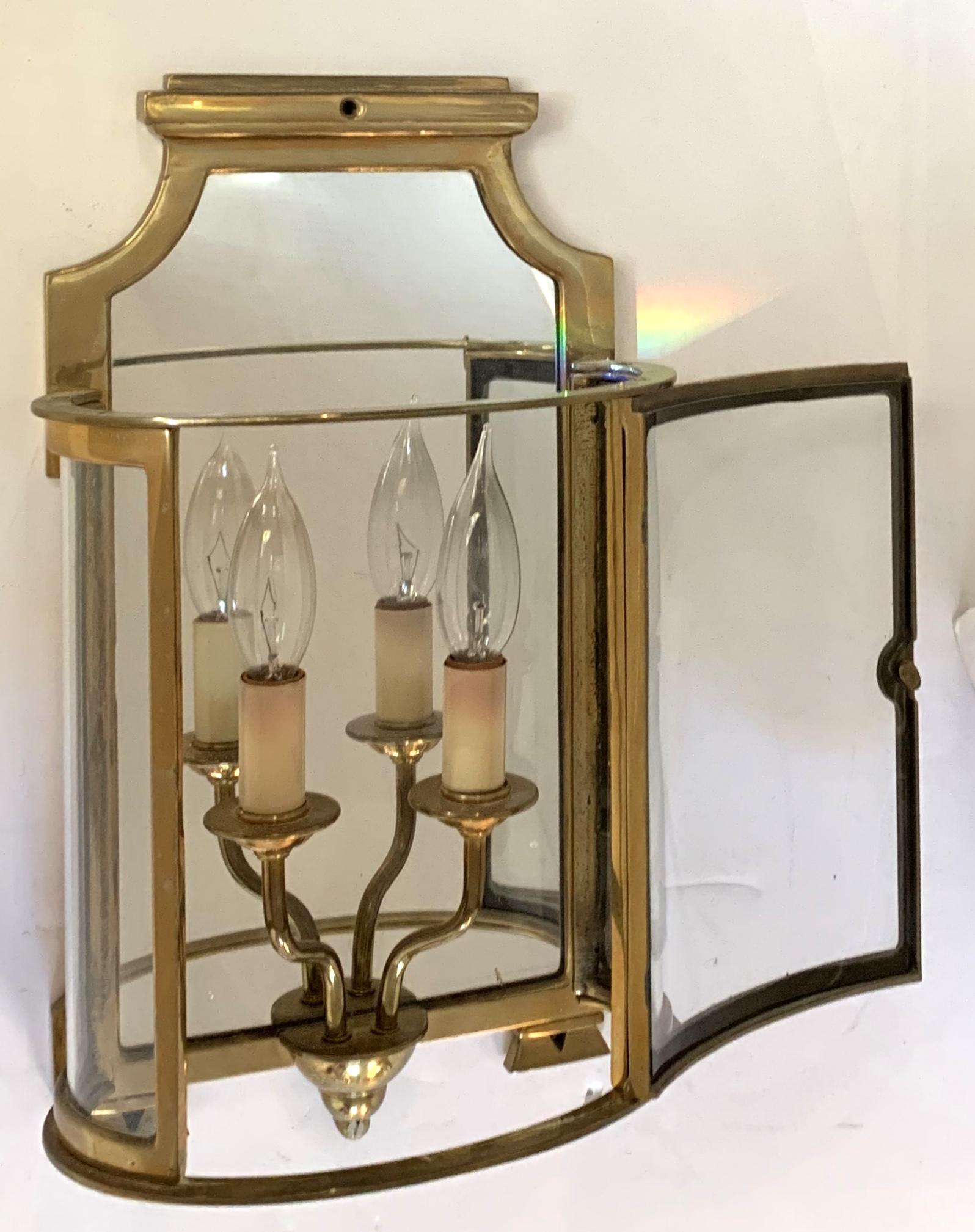 Vintage Pair Bronze Wall Lantern Sconces Curved Glass Mirrored Back Vaughan 1