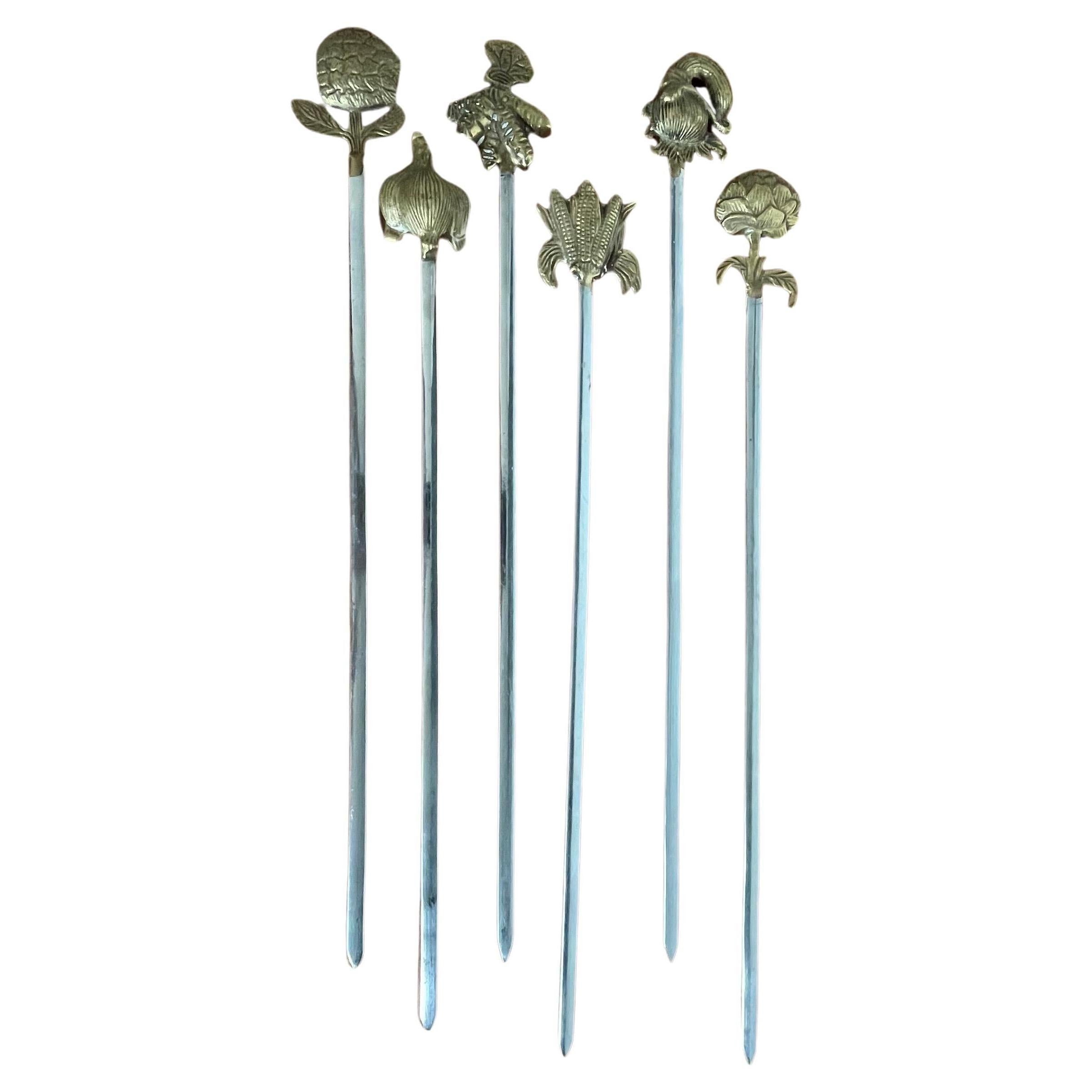 Vintage BBQ Skewers in Steel with Solid Brass Handle set of 6