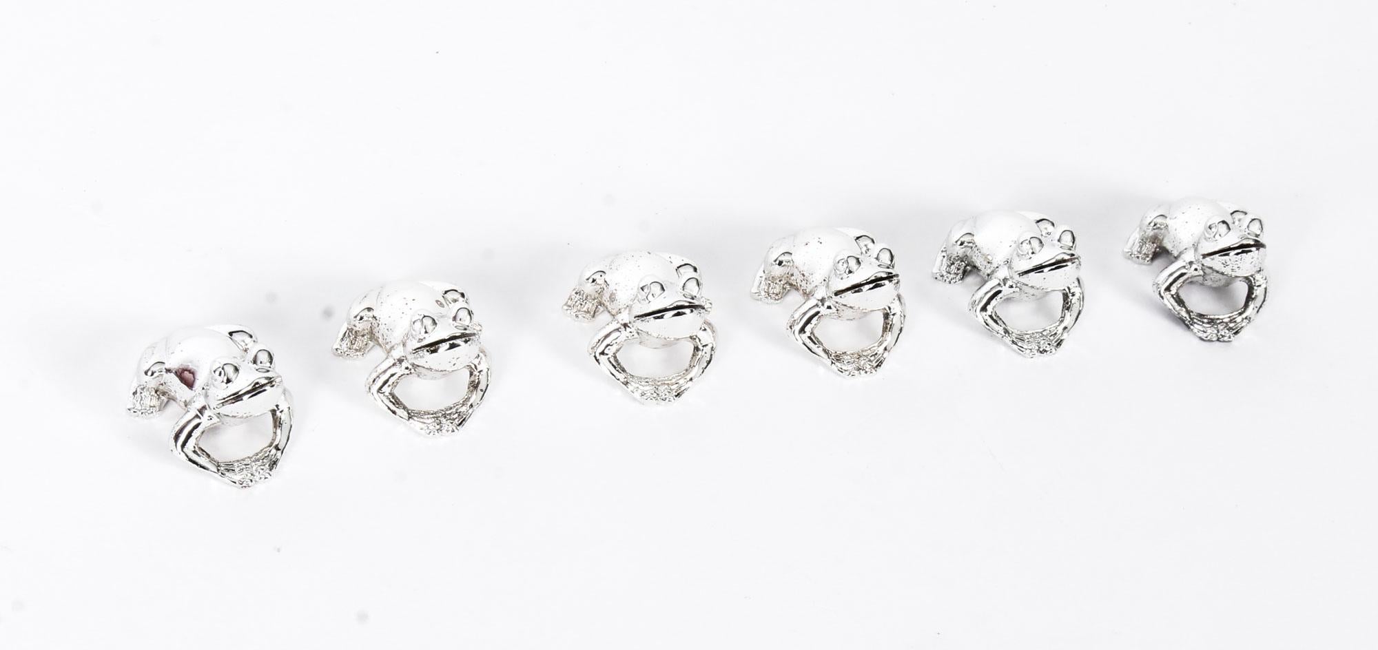 Late 20th Century Vintage Set 6 Silver Plated Frogs Place Card Holders Saint Hilaire, 20th Century