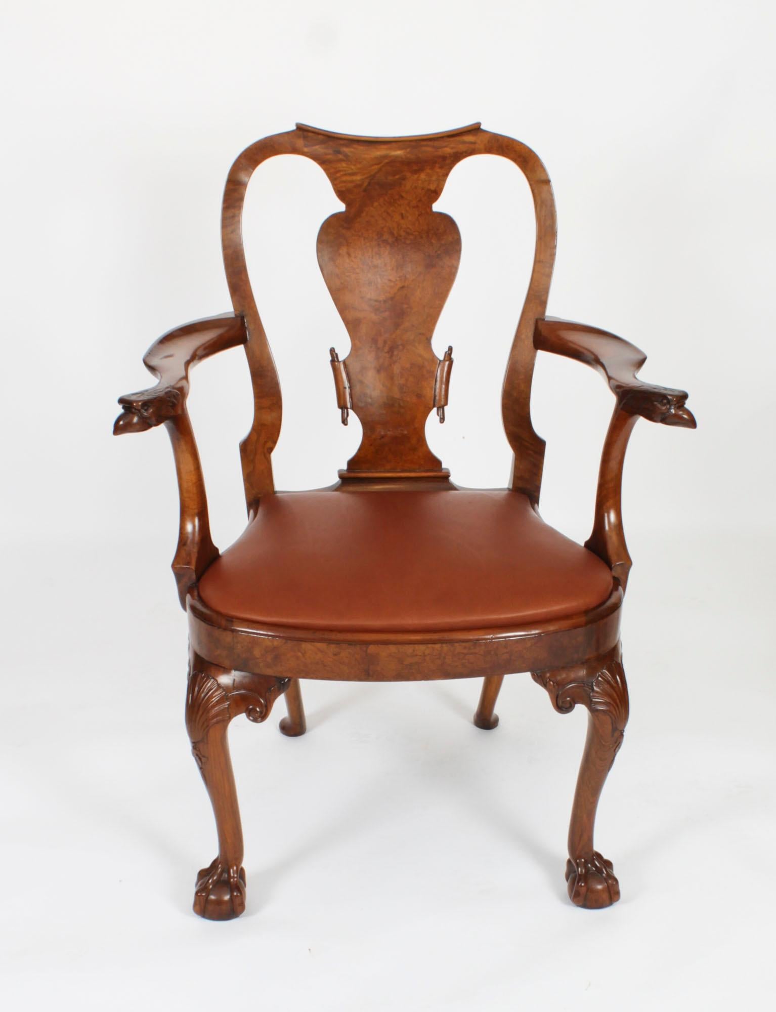 Vintage Set 8 Queen Anne Revival Burr Walnut Dining Chairs 20th Century For Sale 8