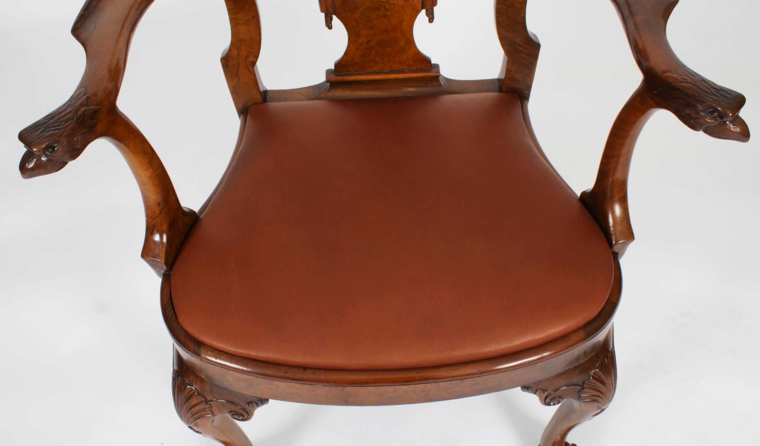 Vintage Set 8 Queen Anne Revival Burr Walnut Dining Chairs 20th Century For Sale 9