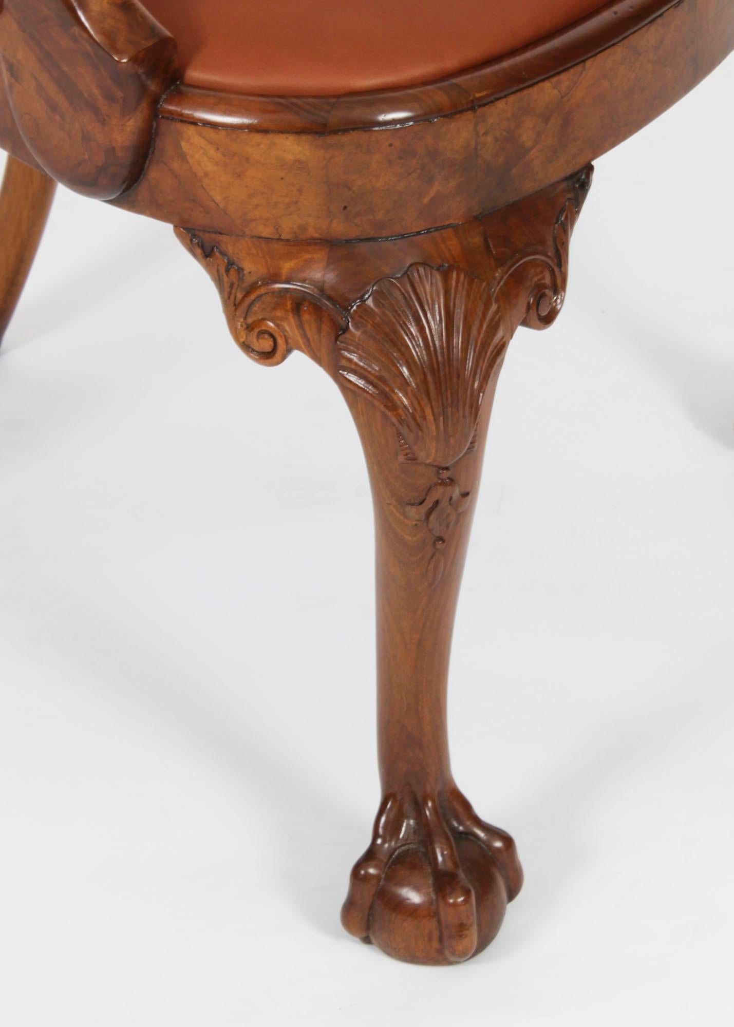 Vintage Set 8 Queen Anne Revival Burr Walnut Dining Chairs 20th Century For Sale 12