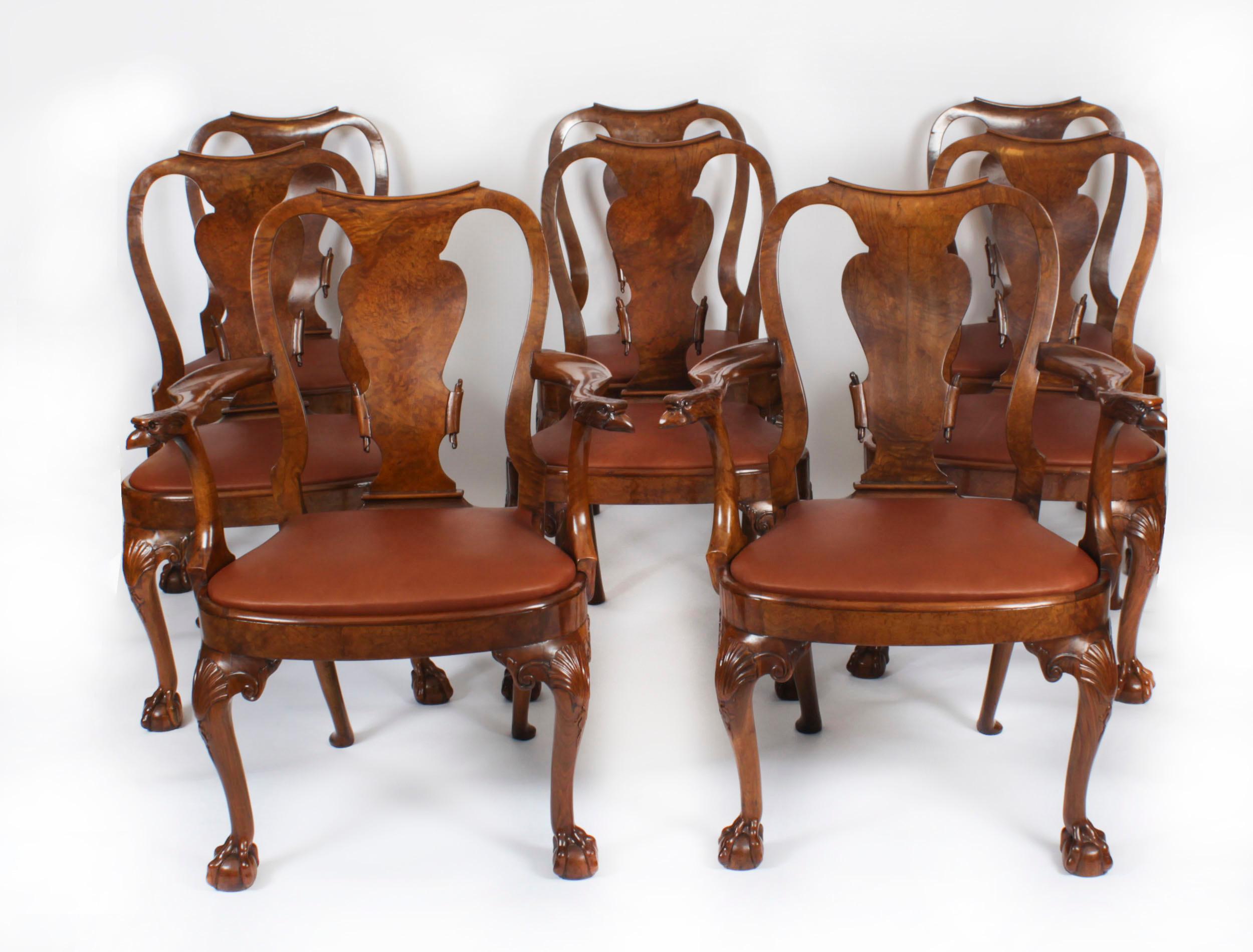 Vintage Set 8 Queen Anne Revival Burr Walnut Dining Chairs 20th Century For Sale 16