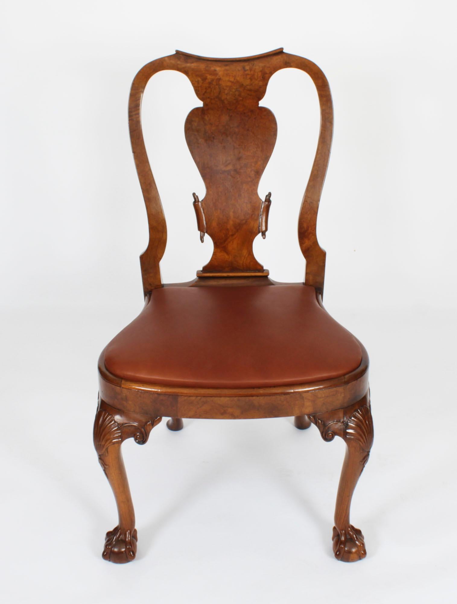 Vintage Set 8 Queen Anne Revival Burr Walnut Dining Chairs 20th Century In Good Condition For Sale In London, GB