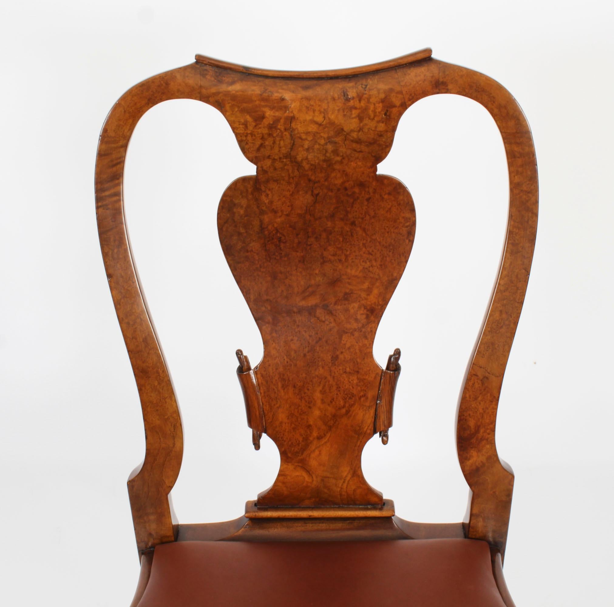 Mid-20th Century Vintage Set 8 Queen Anne Revival Burr Walnut Dining Chairs 20th Century For Sale