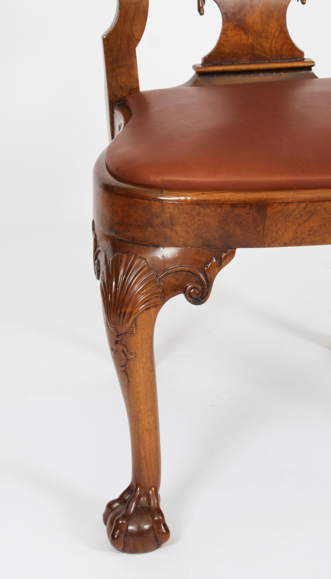 Vintage Set 8 Queen Anne Revival Burr Walnut Dining Chairs 20th Century For Sale 2