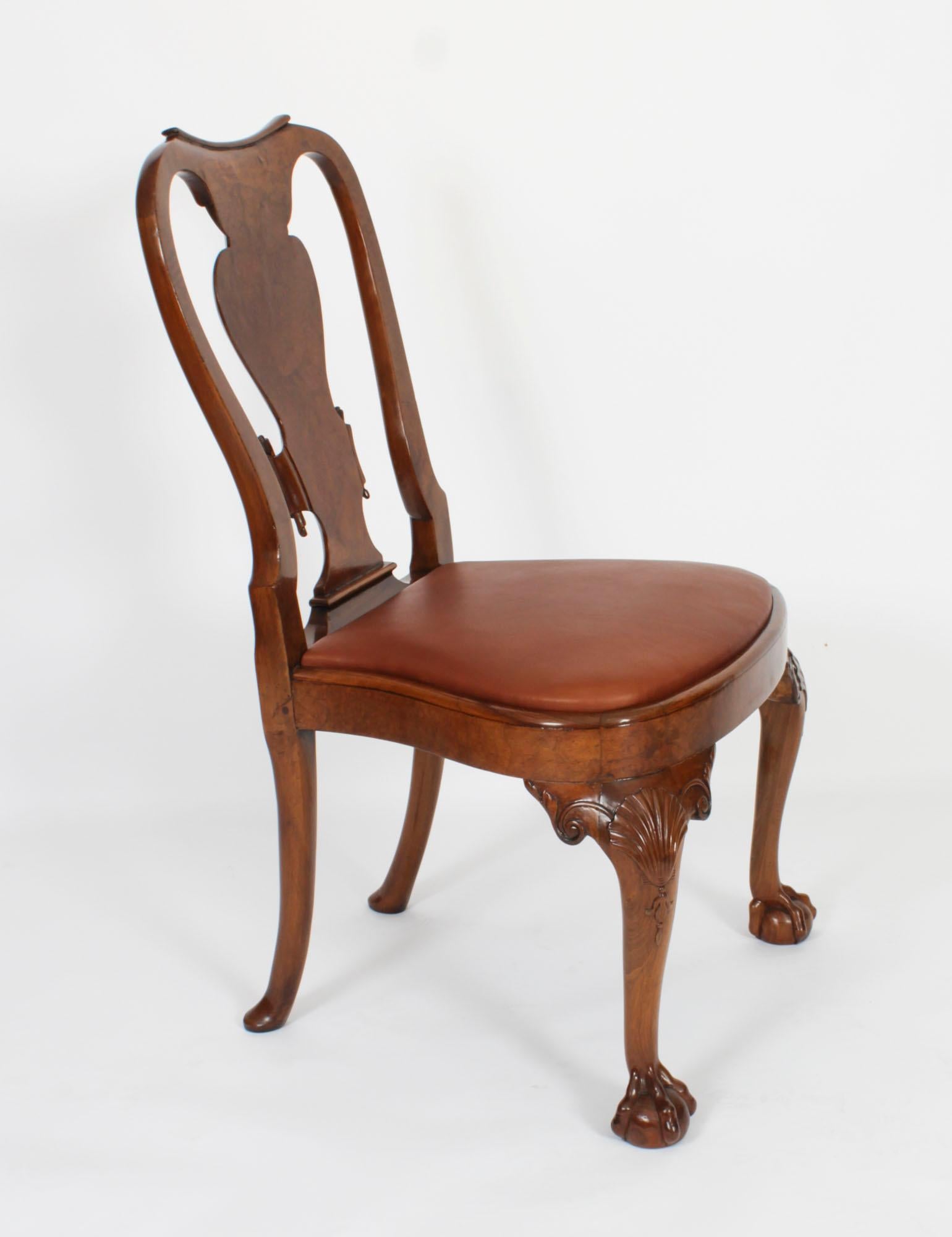 Vintage Set 8 Queen Anne Revival Burr Walnut Dining Chairs 20th Century For Sale 4
