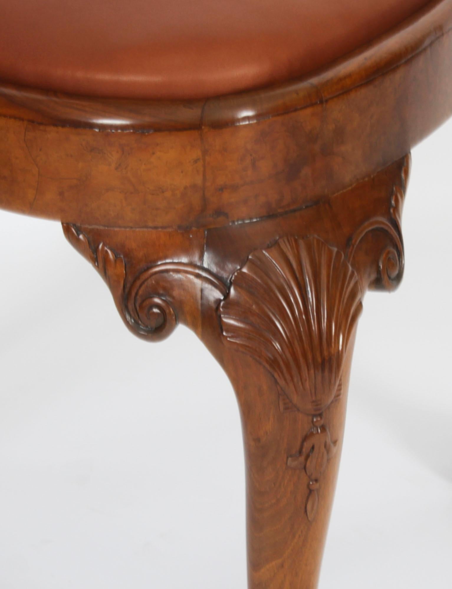 Vintage Set 8 Queen Anne Revival Burr Walnut Dining Chairs 20th Century For Sale 5