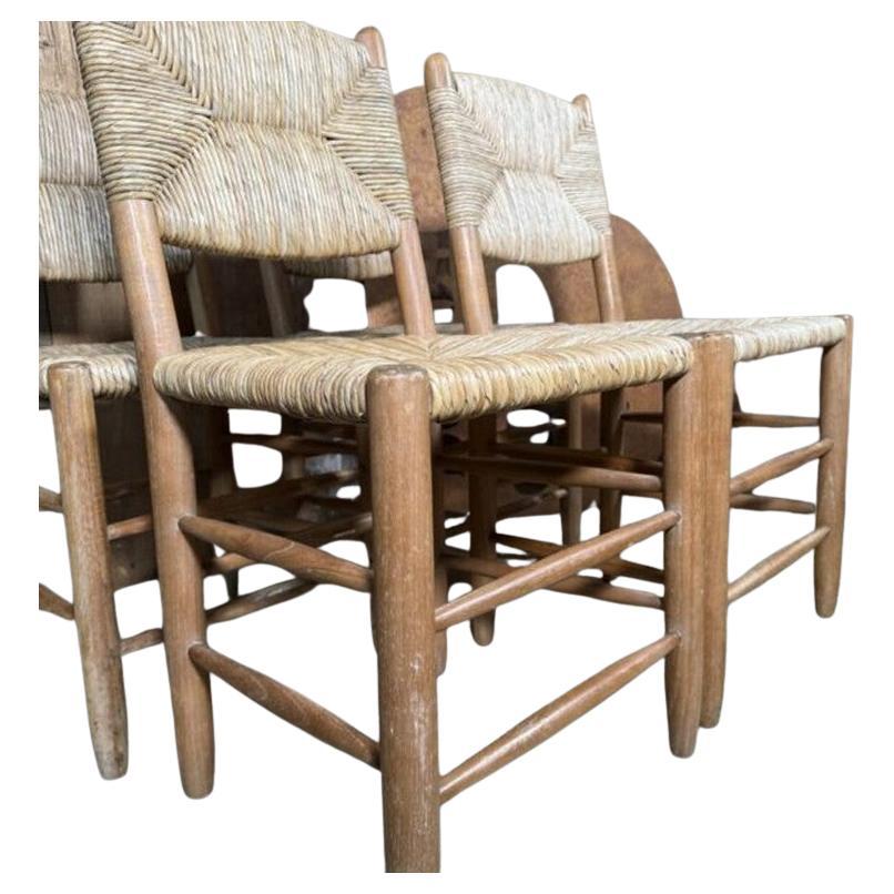 Vintage Set Four French Ash and Rush Seated Straw Original Charlotte Perriand No For Sale