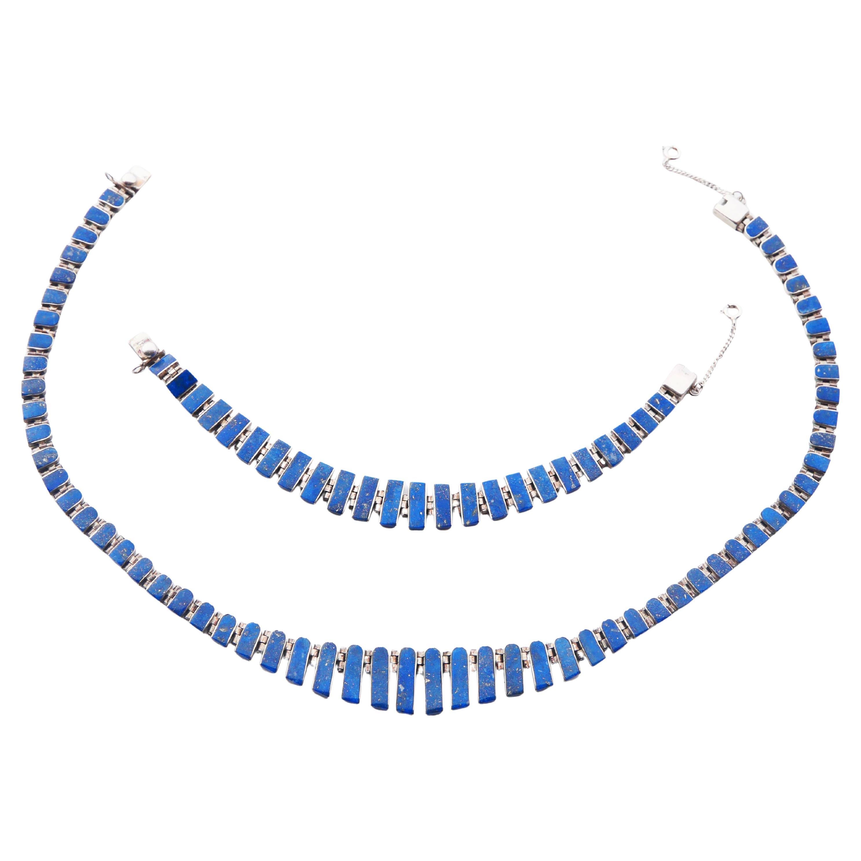 Vintage Set Necklace Bracelet natural Lapis Lazuli Sterling Silver / 42.5cm/ 46g For Sale