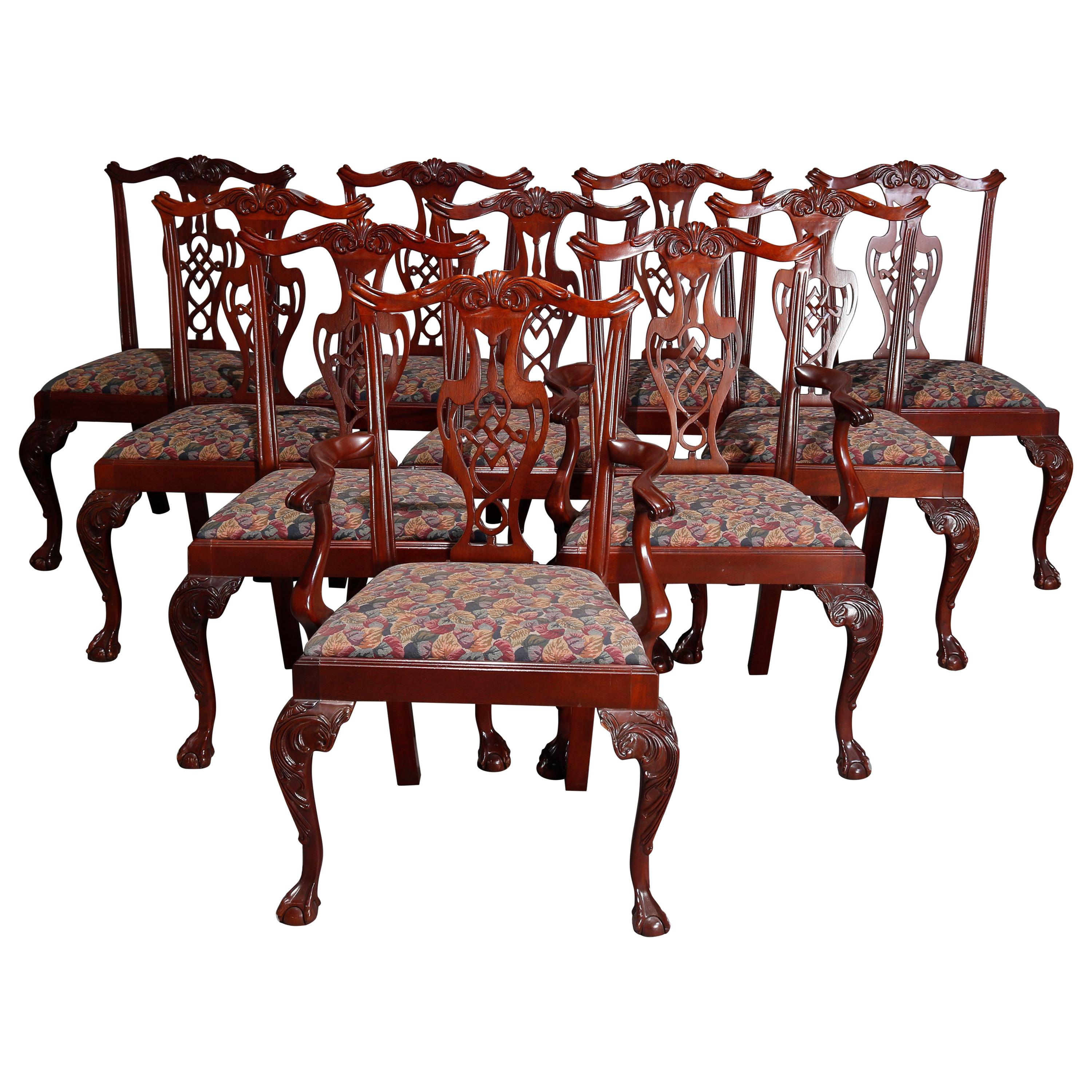 Vintage Set of 10 Chippendale Style Mahogany Dining Chairs, 20th Century