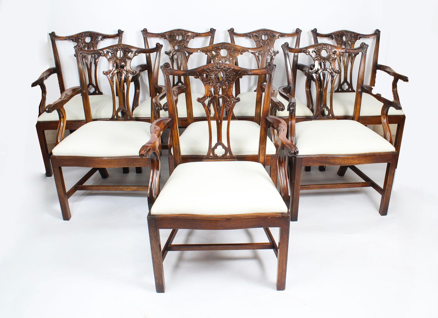 Vintage Set of 10 Mahogany Chippendale Revival Armchairs, 20th Century 10
