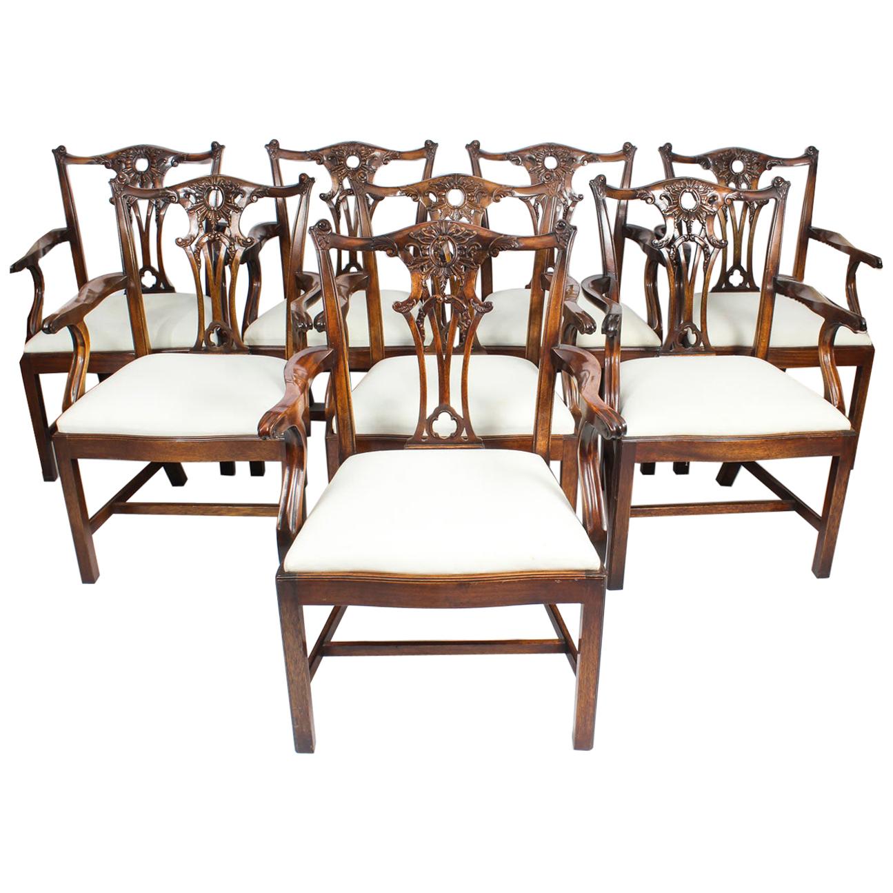 Vintage Set of 10 Mahogany Chippendale Revival Armchairs, 20th Century