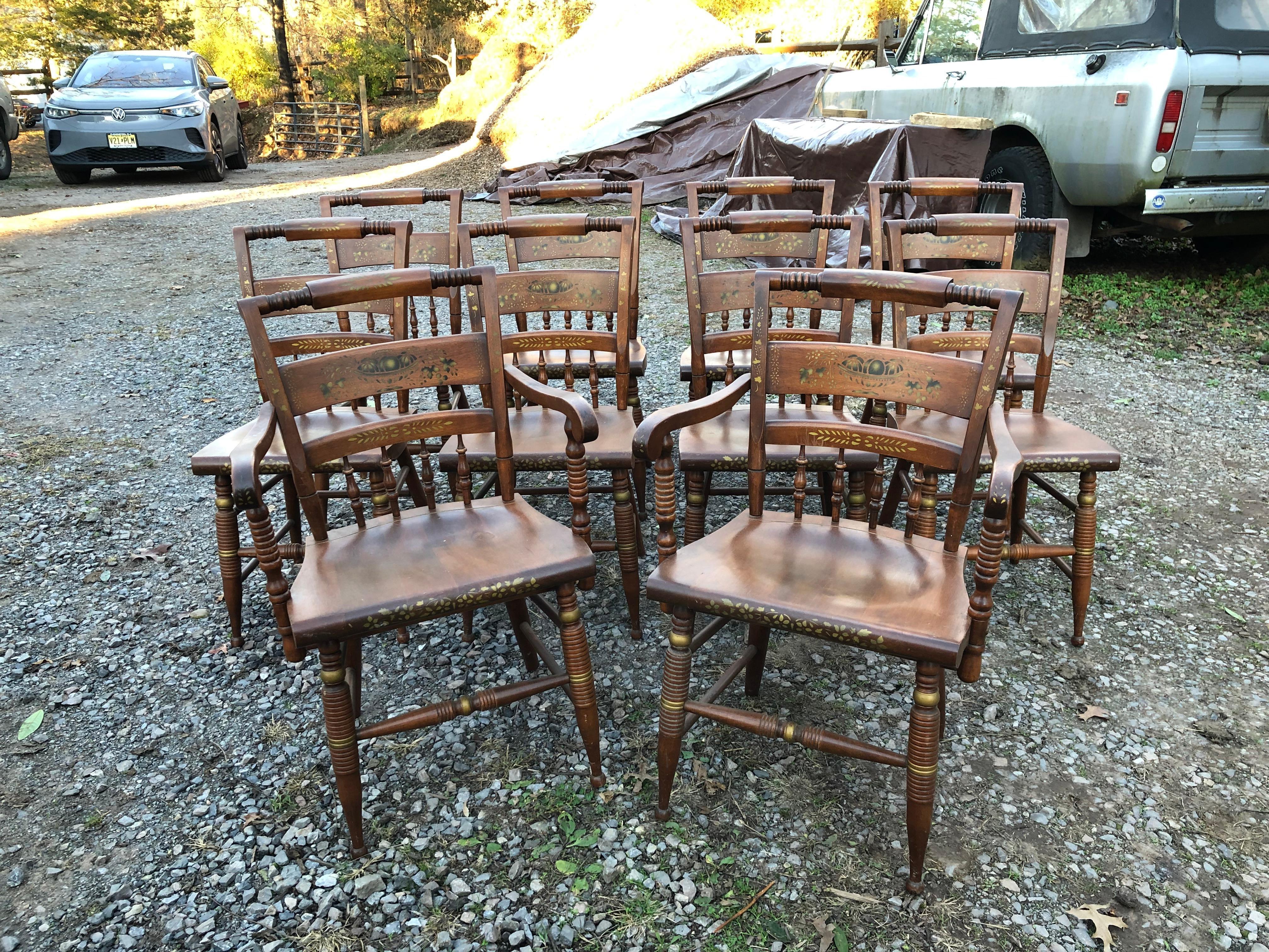 Vintage Set of 10 Nichols & Stone Classic Paint Decorated Dining Chairs For Sale 3