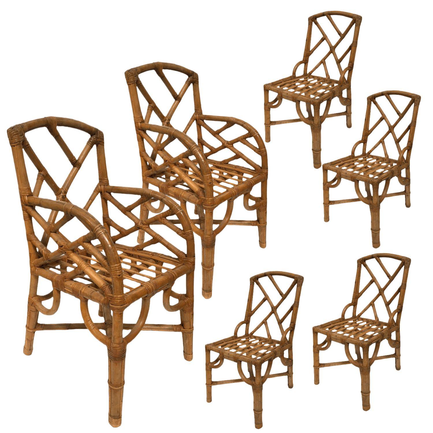 Vintage set of 9 Original Paul Frankl Rattan Dining Side and Armchairs. $27,000
 
This lot is made up of a total of 9 chairs, 2 side chairs, and 7 armchairs. All chairs feature a wonderful mid-century slanted leg rattan design with a geometric back