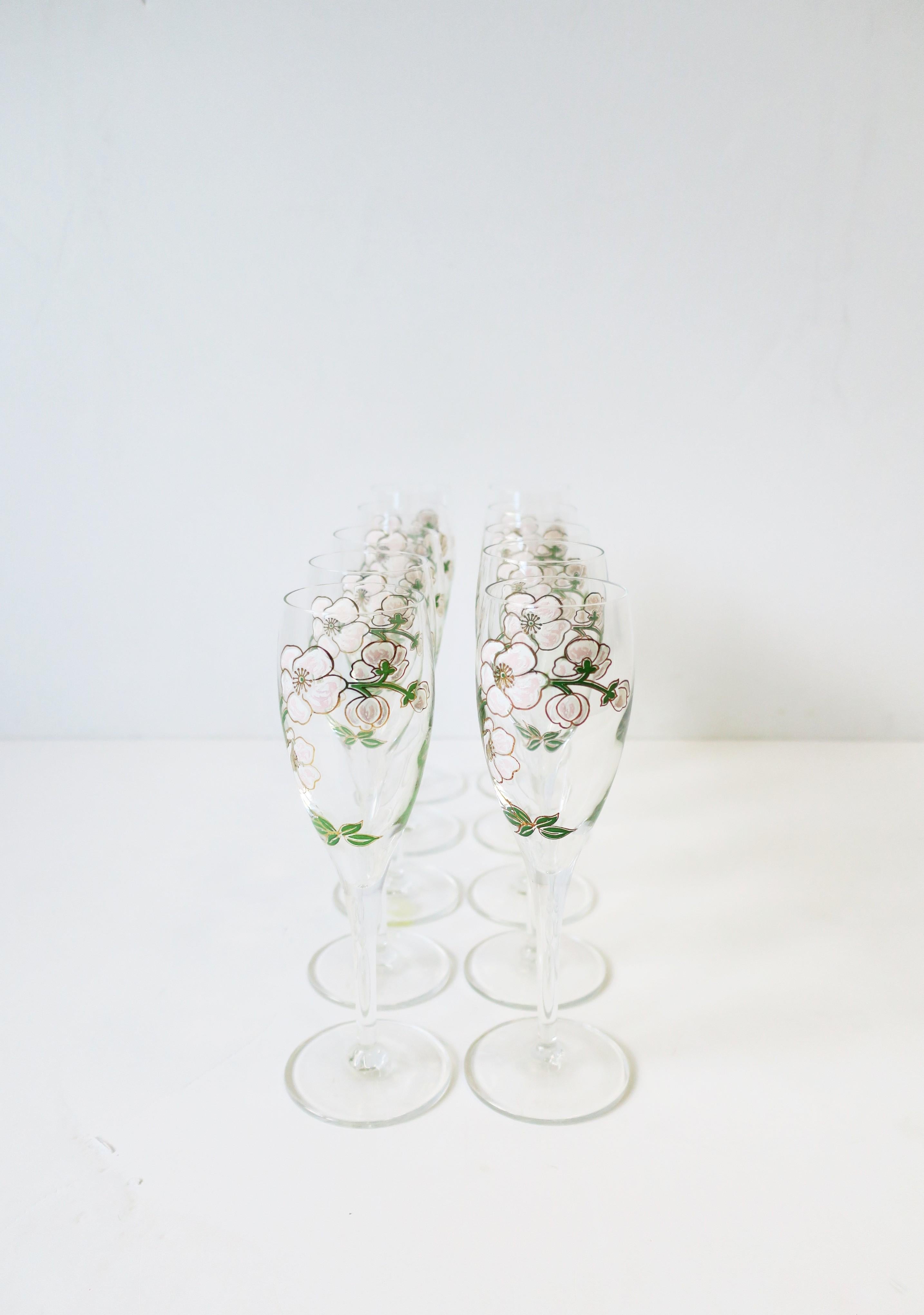 Polychromed Vintage Perrier-Jouet French Champagne Flute Glasses Art Nouveau, Set of 10
