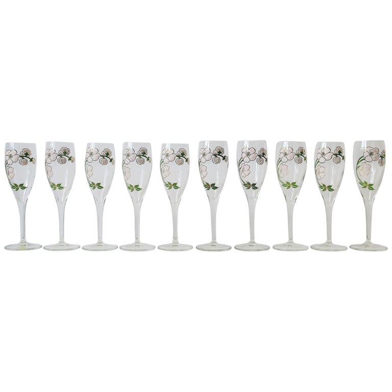 Vintage Perrier-Jouet French Champagne Flute Glasses Art Nouveau, Set of 10