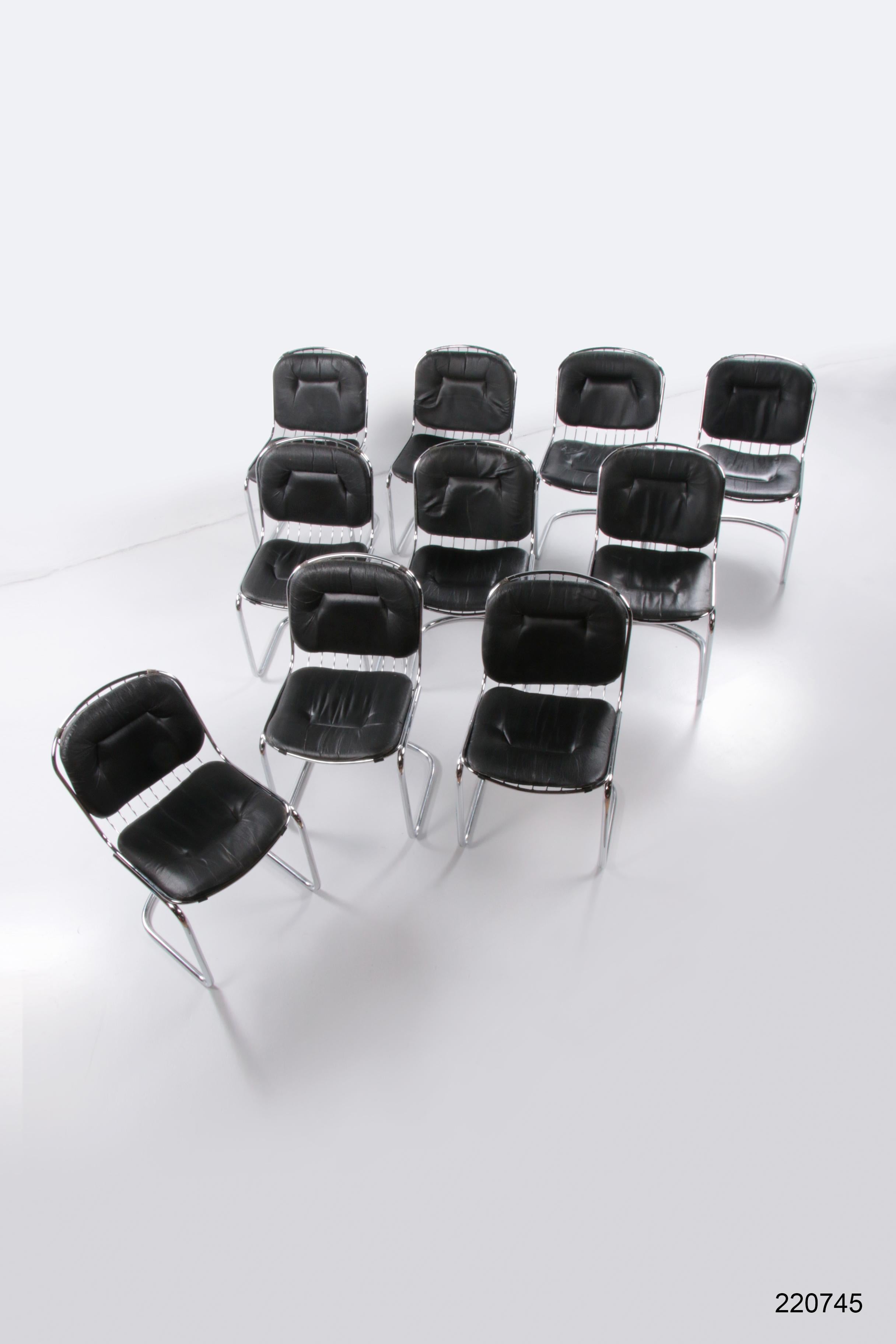 Mid-Century Modern Vintage Set of 10 Wire Chairs Design Gastone Rinaldi with Leather Seat, 1960
