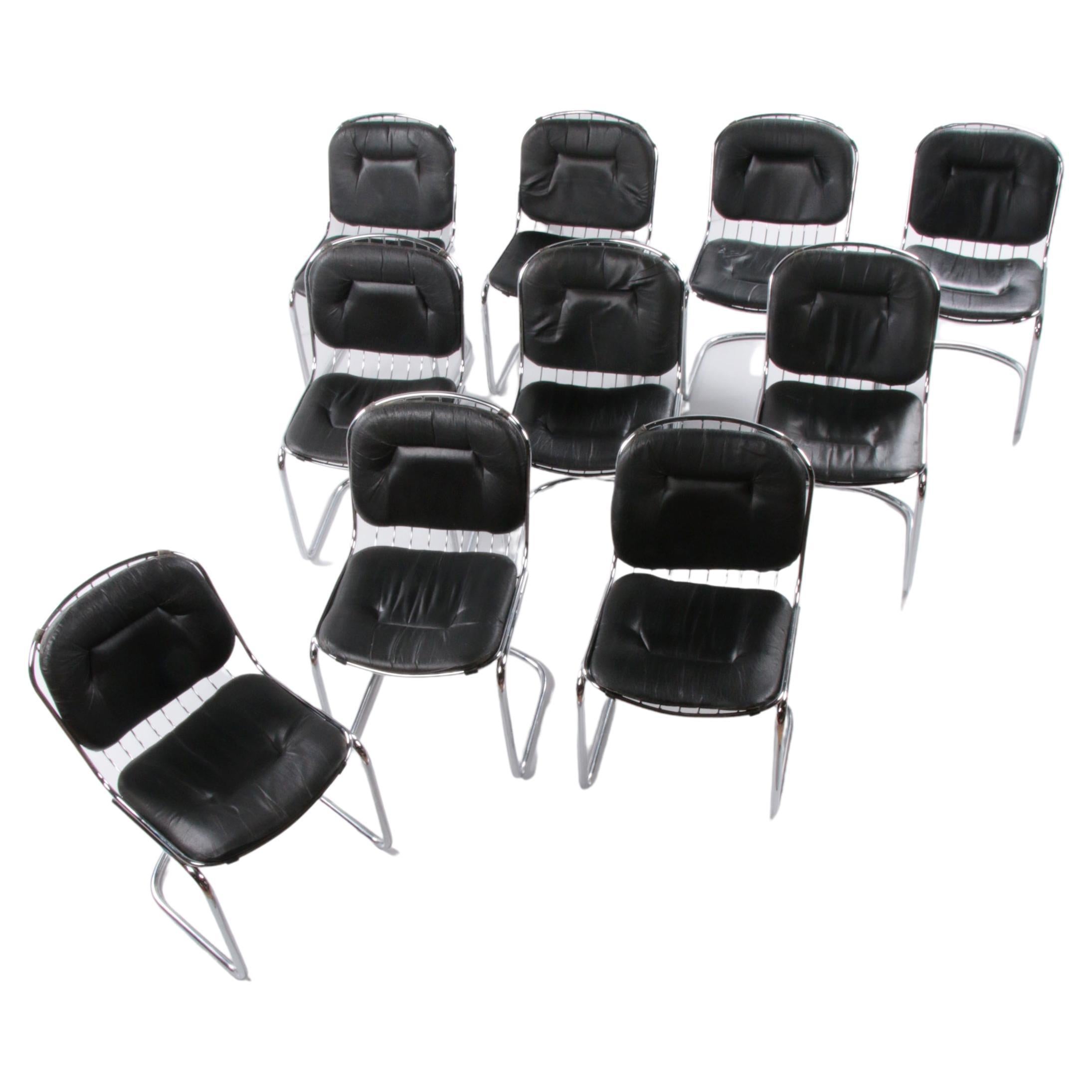 Vintage Set of 10 Wire Chairs Design Gastone Rinaldi with Leather Seat, 1960