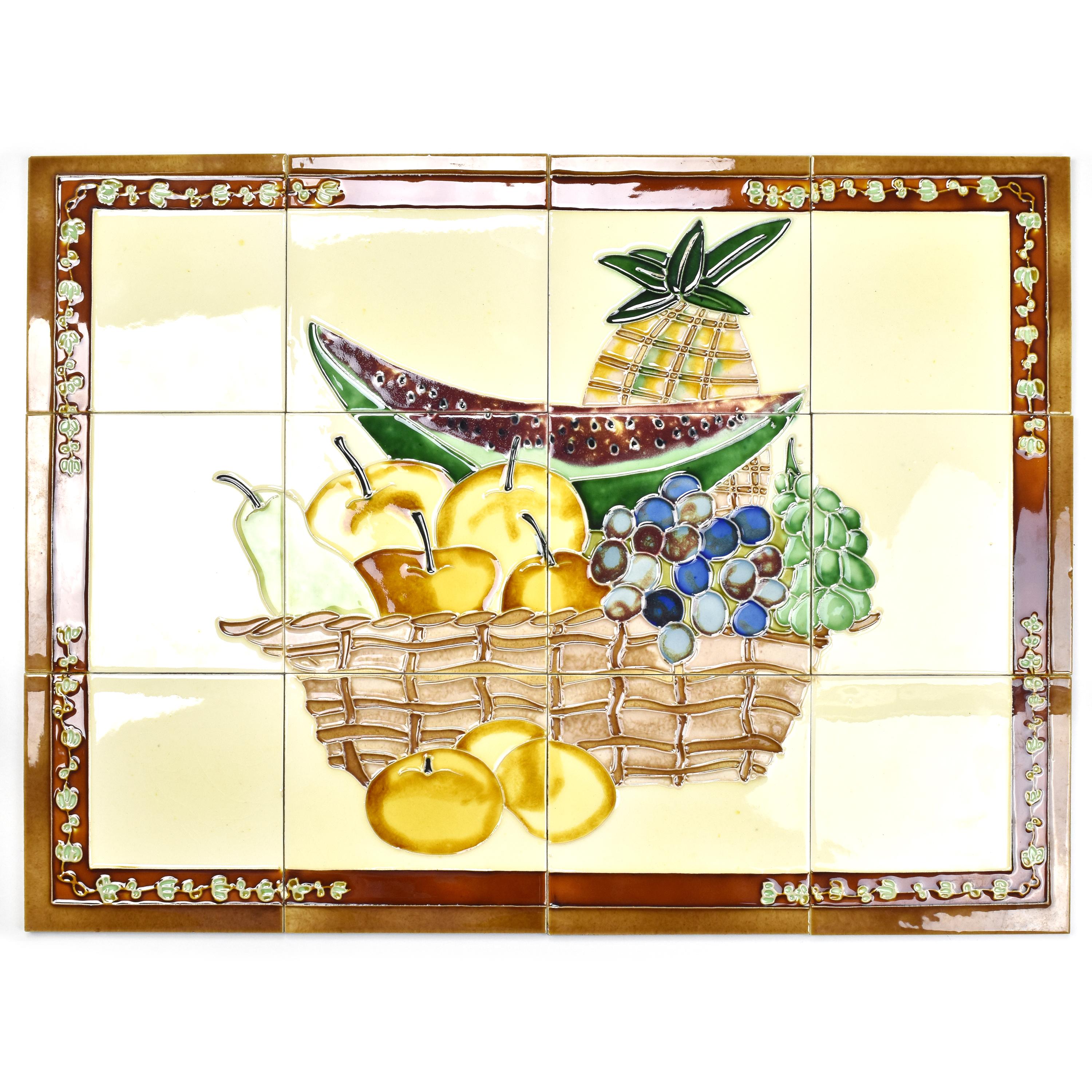 A vintage set of 12 ceramic majolica wall tile depicting a still life of a fruit basket made in tube line technique dating to the 1950s by unknown manufacturer.
The full set is in nearly mint condition and ready to find its new place as a decorative